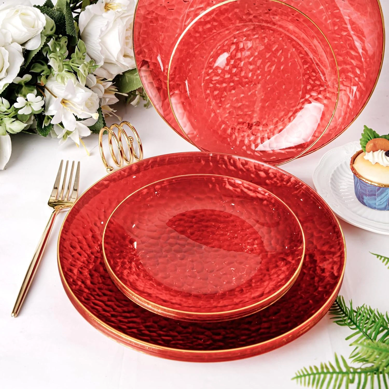 Clear Red Gold Plastic Plates,Disposable Plates With Rim,Heavy-duty Plates,Hammered Party Plates Include 30Clear Dessert-Platos,30Dinner-Platos for Wedding, Party (60 Pieces) — view 16