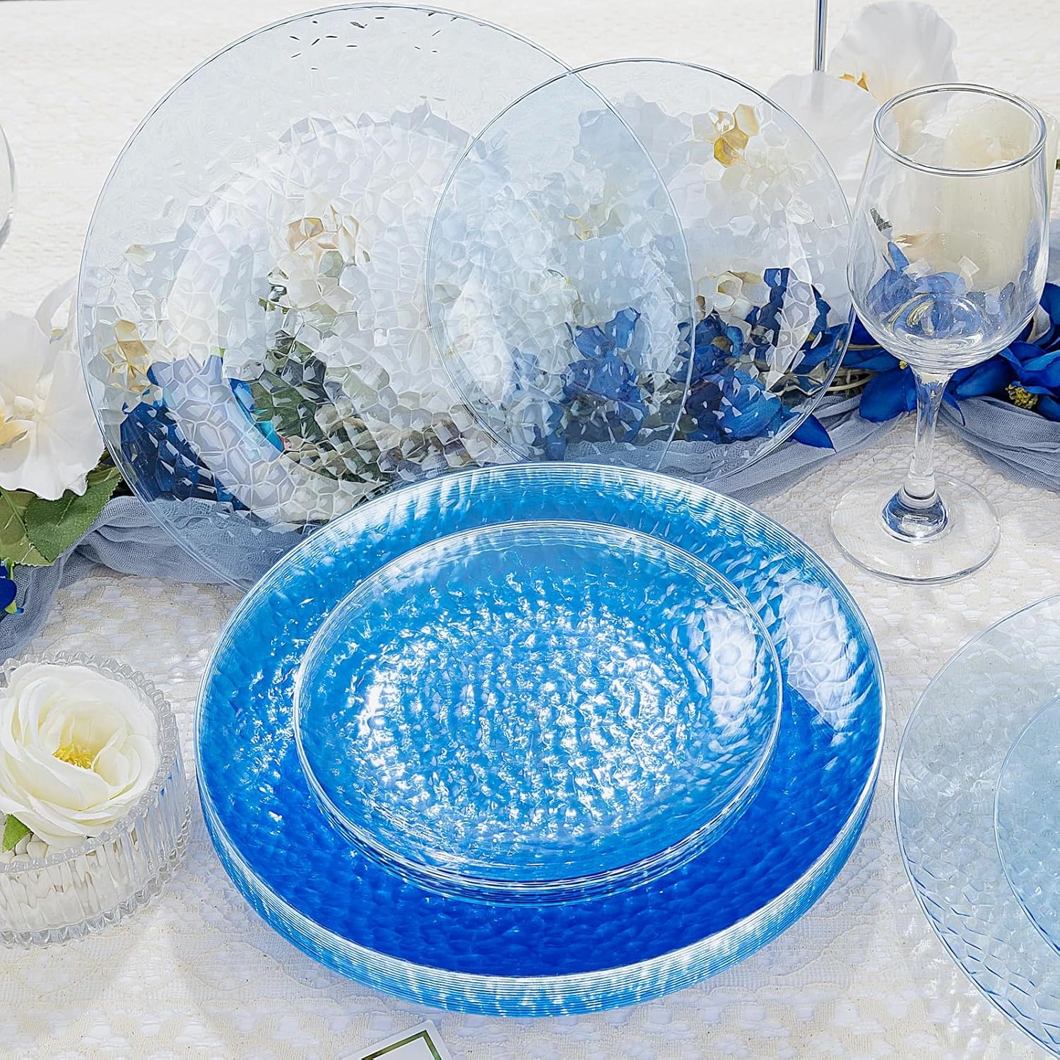 Clear Blue Plastic Plates,Disposable Plates With Rim,Heavy-duty Plates,Hammered Party Plates Include 30Clear Dessert-Platos,30Dinner-Platos for Wedding, Party (100 Pieces) — view 10