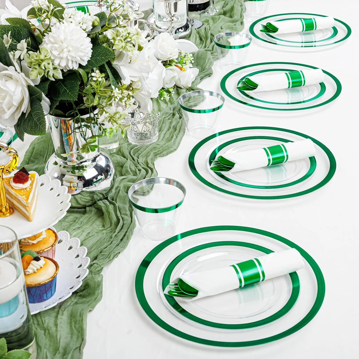 Clear Green Dark Plastic Plates, Disposable Plates for , Dinnerware Include 50 Dinner Plates 50 Dessert Plates, 50 Cups, 50 Pre Rolled Napkins with Cutlery Set for Party — view 15