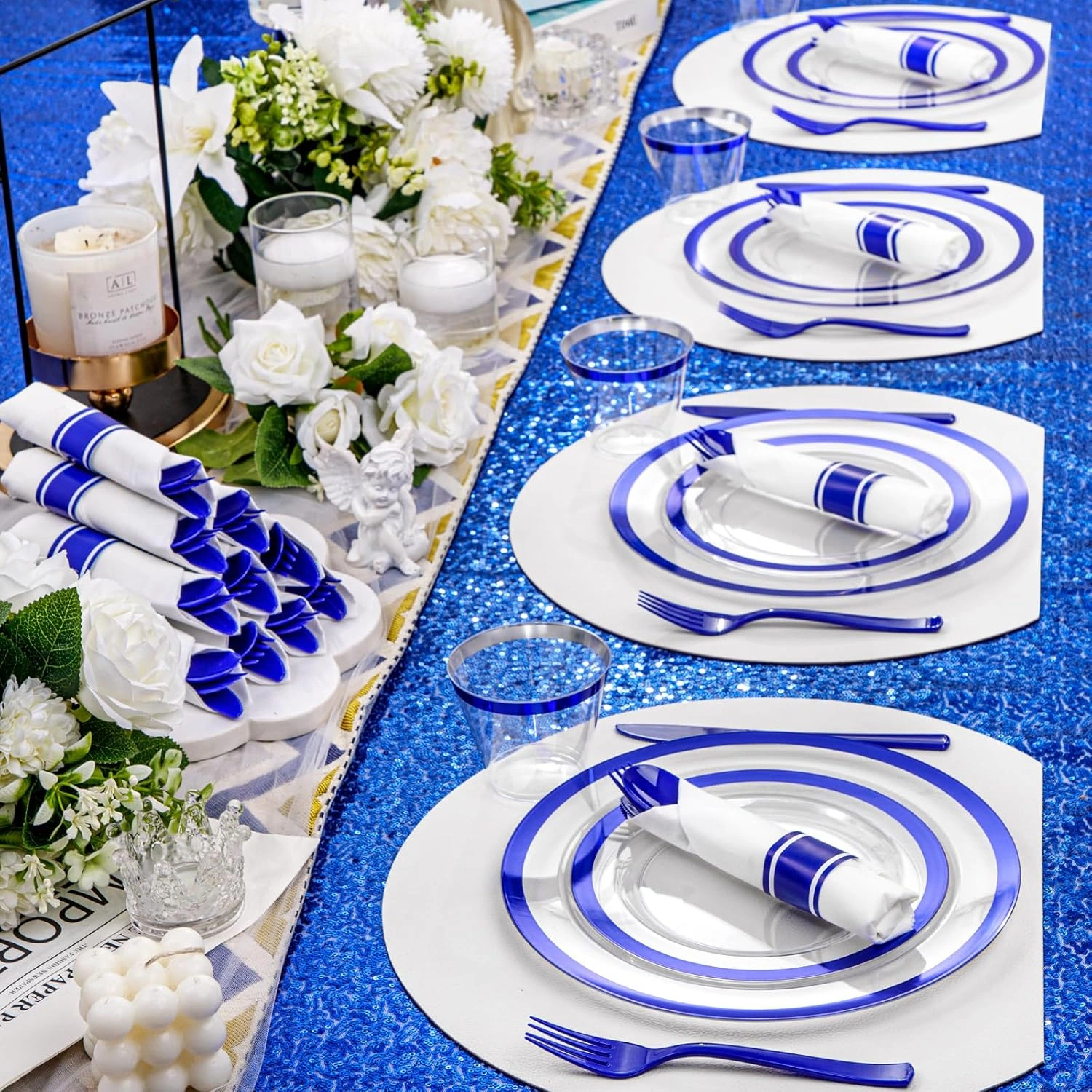 Clear Blue Dark Plastic Plates, Disposable Plates for , Dinnerware Include 50 Dinner Plates 50 Dessert Plates, 50 Cups, 50 Pre Rolled Napkins with Cutlery Set for Party — view 16