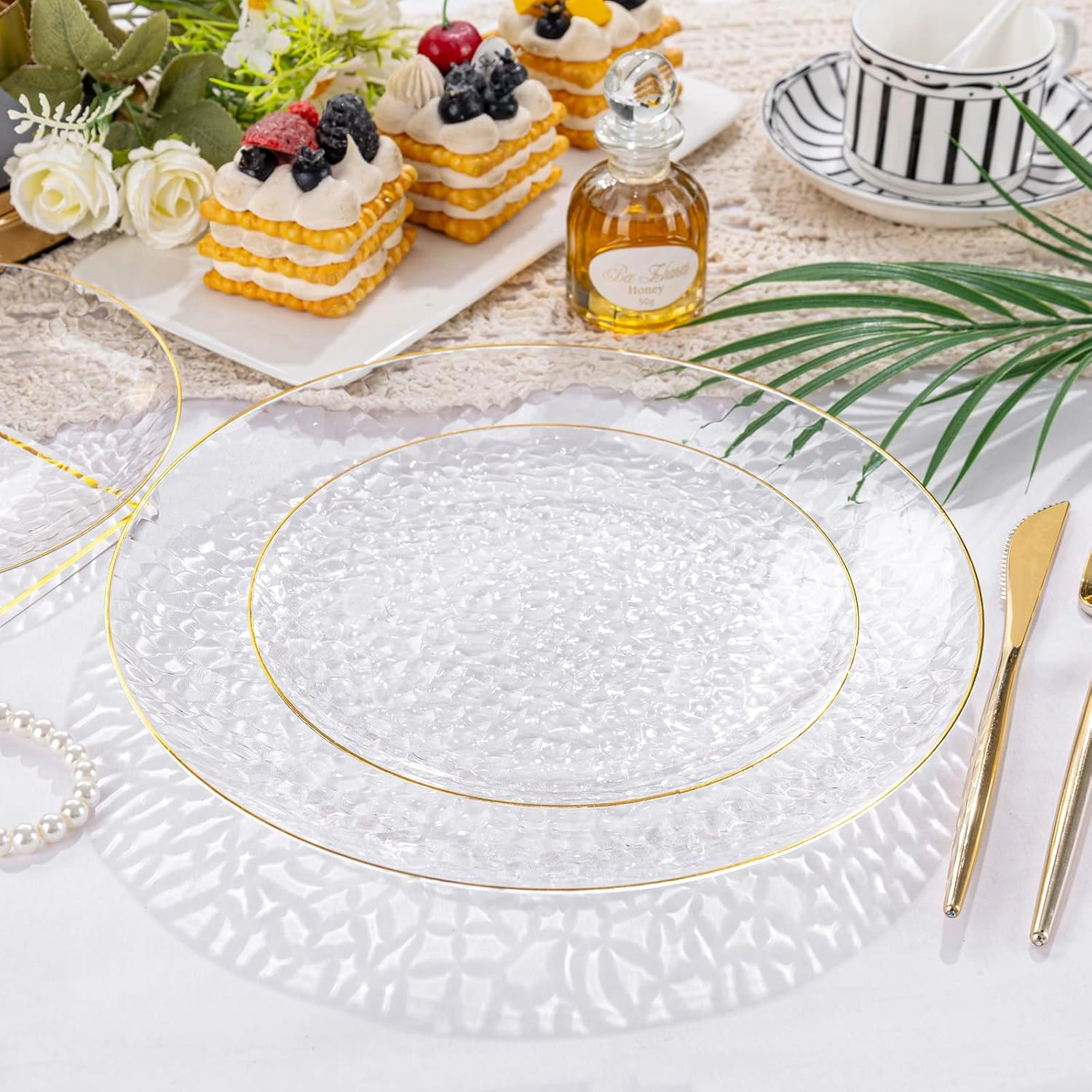 Clear Gold Plastic Plates,Disposable Plates With Rim,Heavy-duty Plates,Hammered Party Plates Include 30Clear Dessert-Platos,30Dinner-Platos for Wedding, Party — view 10