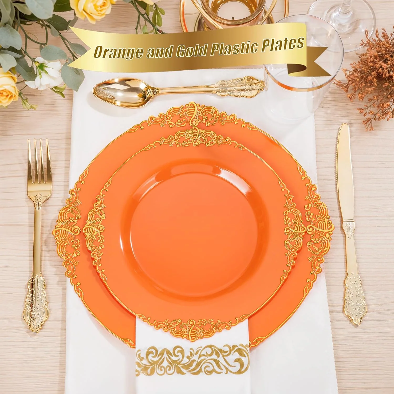 Orange & Gold Dinnerware Set for 25 Guests — view 16