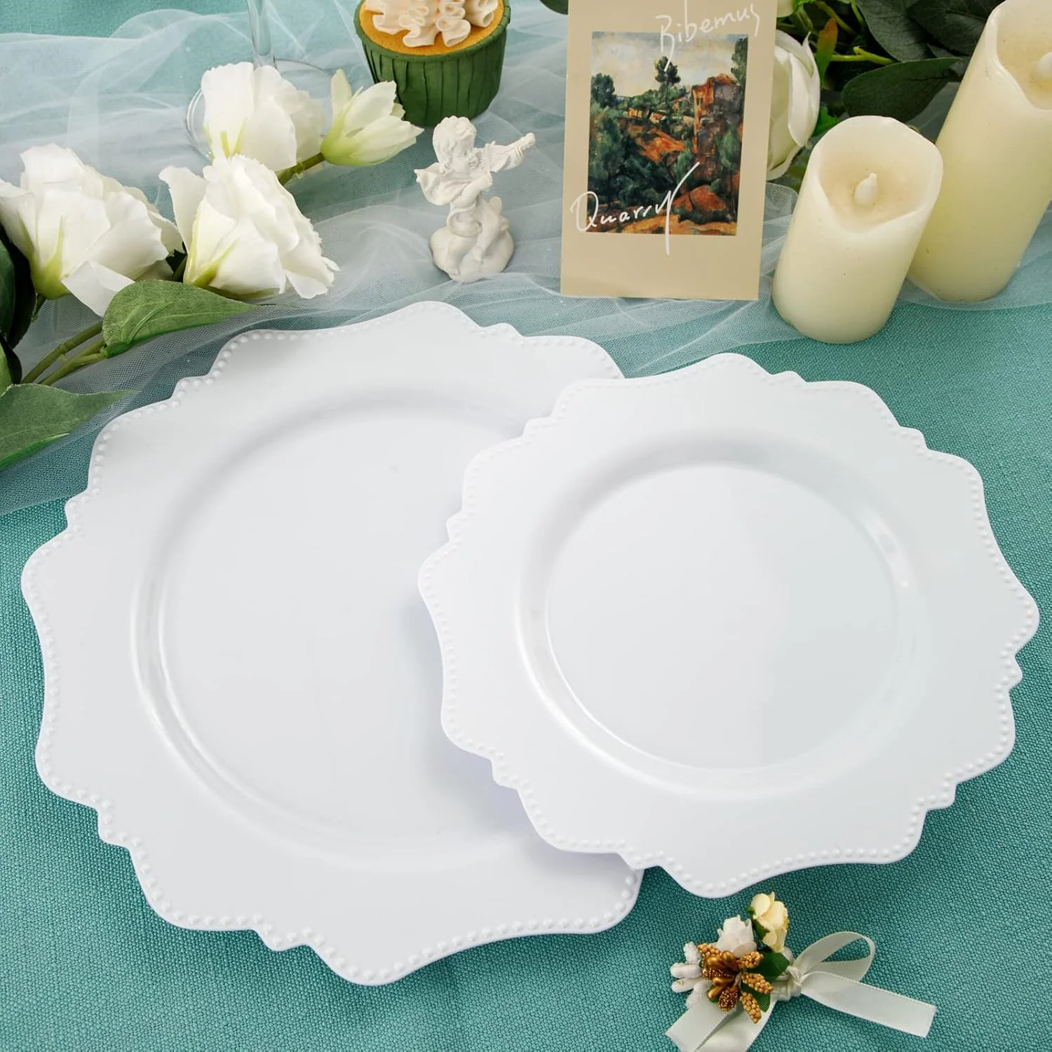 White Disposable Plastic Plates-Heavy duty plate for party/wedding/anniversary 30 dinner plates and 30 dessert/salad plates — view 13