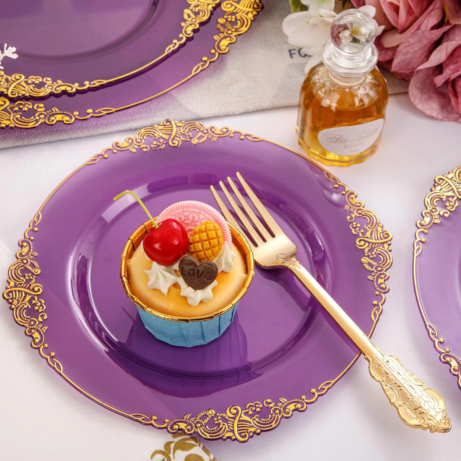 Purple & Gold Dinnerware Set for 50 Guests — view 15