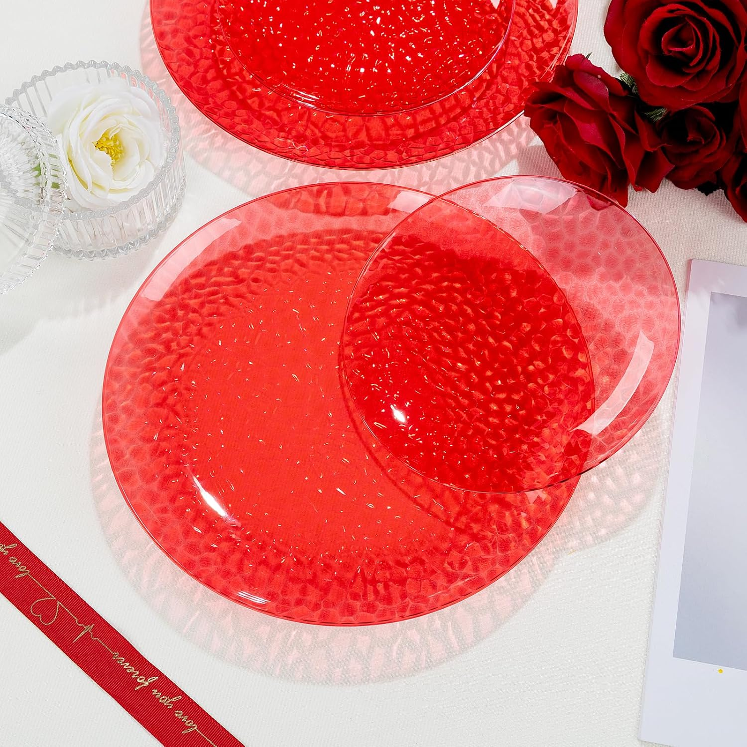 Clear Red Plastic Plates,Disposable Plates With Rim,Heavy-duty Plates,Hammered Party Plates Include 30Clear Dessert-Platos,30Dinner-Platos for Wedding, Party (60 Pieces) — view 15