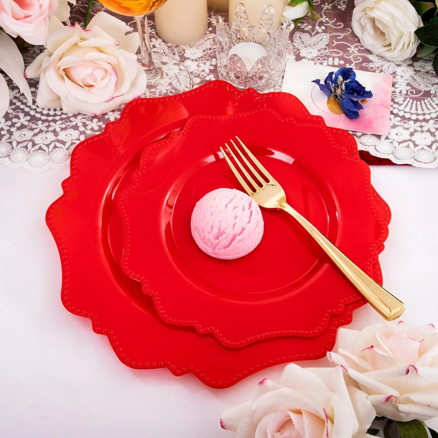 Red Disposable Plastic Plates-Heavy duty plate for party/wedding/anniversary 30 dinner plates and 30 dessert/salad plates — view 16