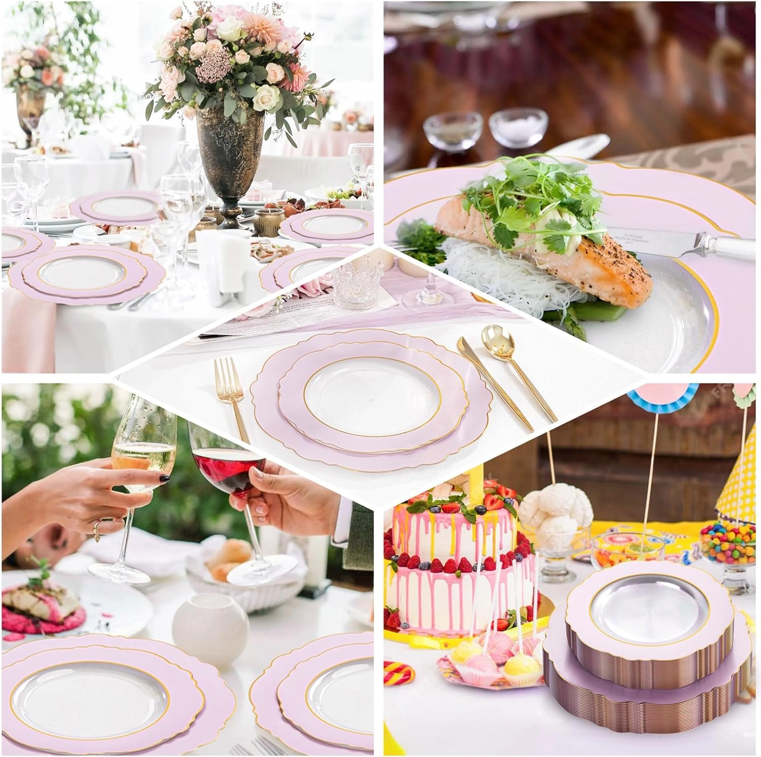 Clear Pink With Gold Rim Baroque Plastic Plates (60 Pieces) — view 16