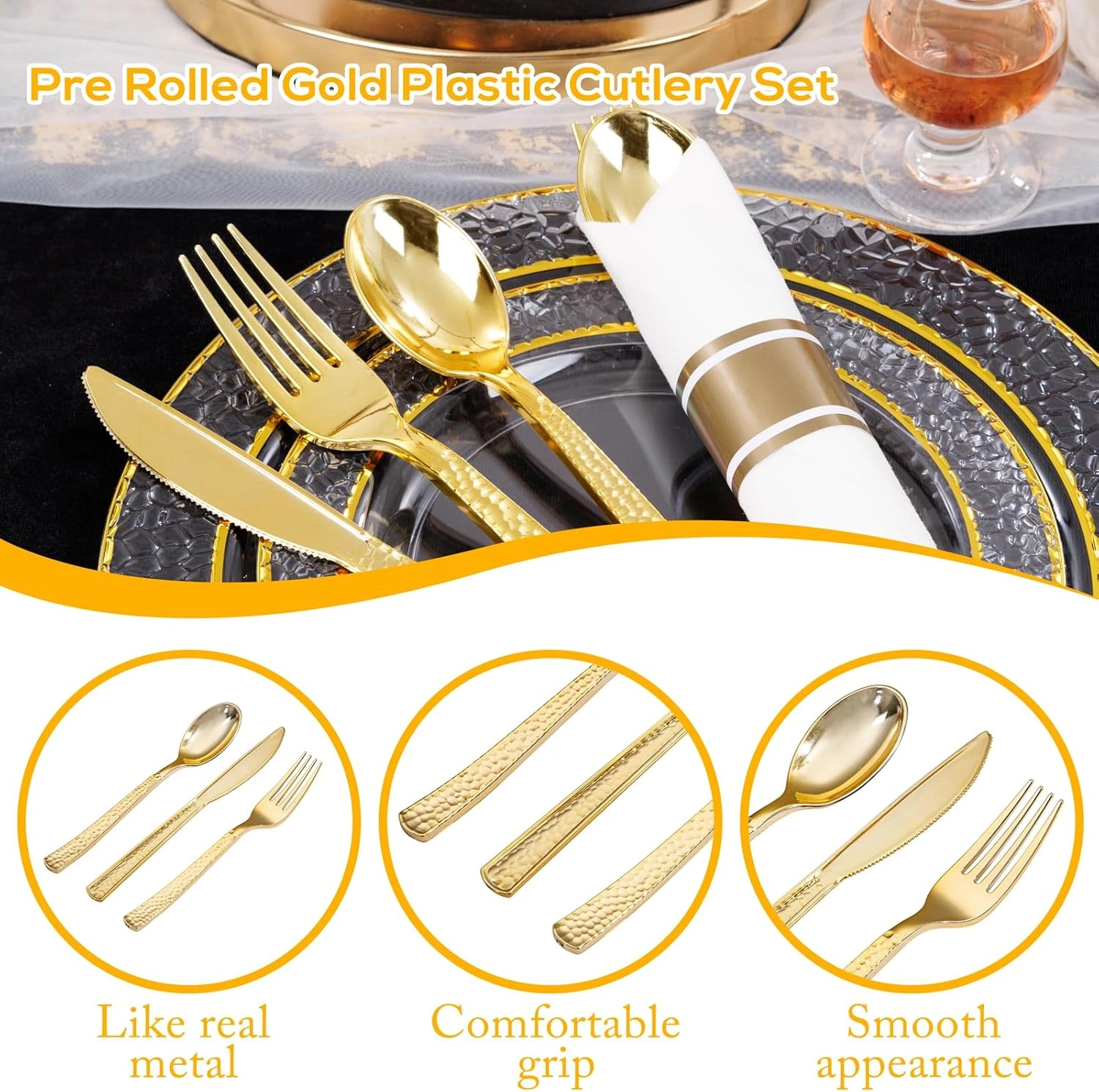 Gold Hammered Pre Rolled Plastic Silverware Sets — view 14