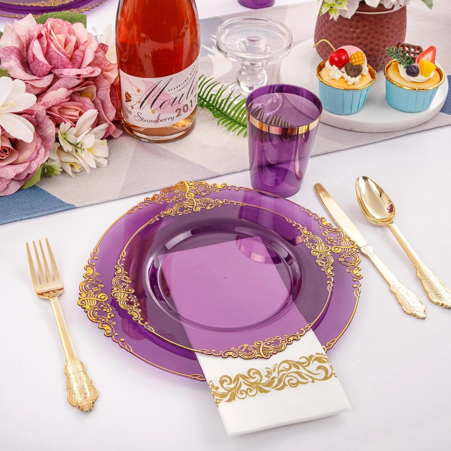 Purple & Gold Dinnerware Set for 50 Guests — view 16