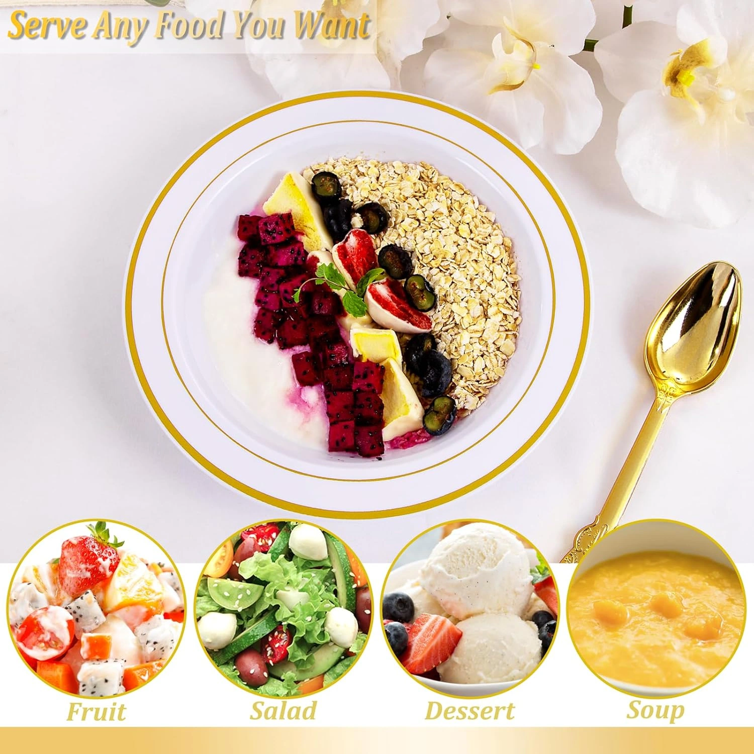 White Plastic Bowls with Gold Rim — view 16