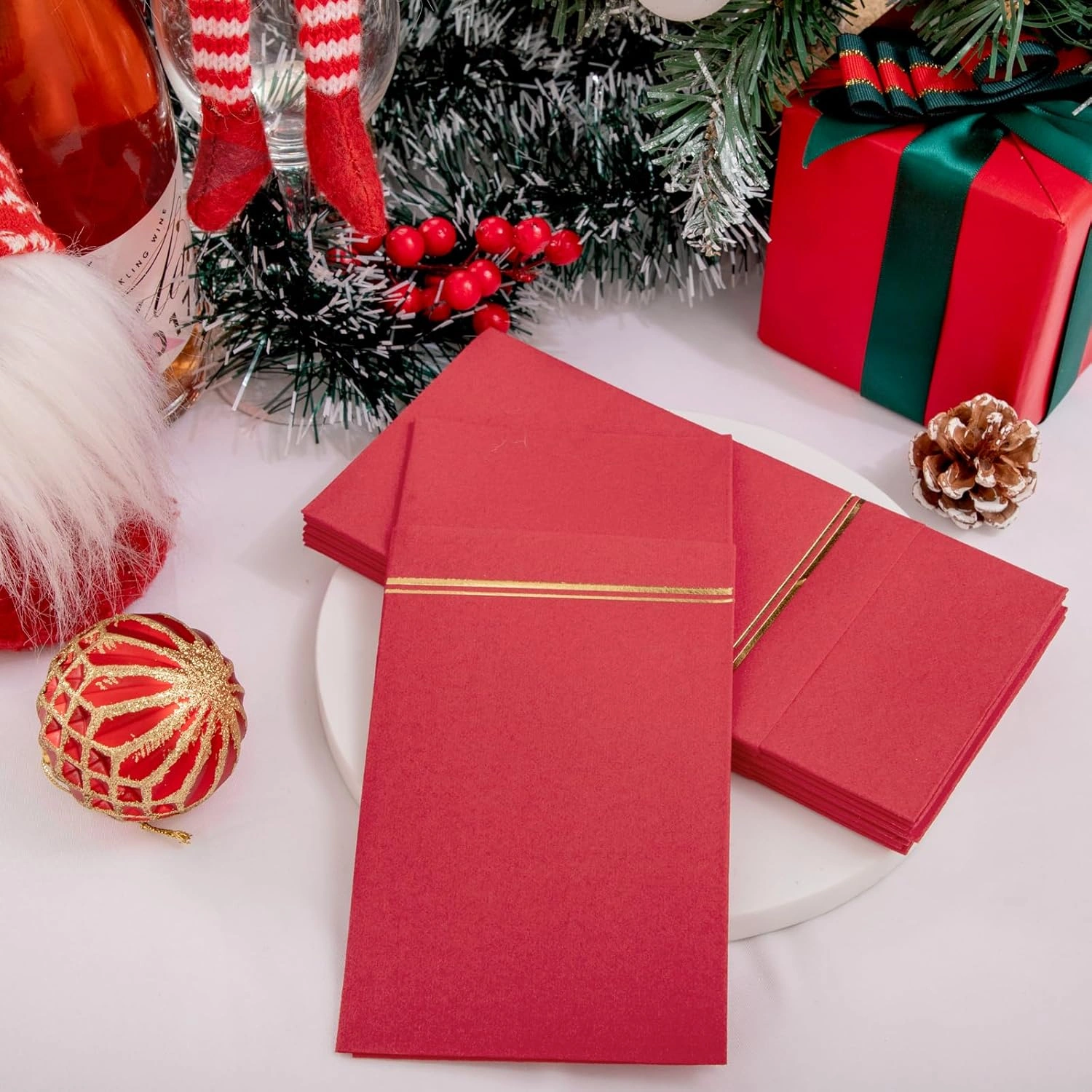 Red Paper Napkins with Built-in Flatware Pocket — view 15
