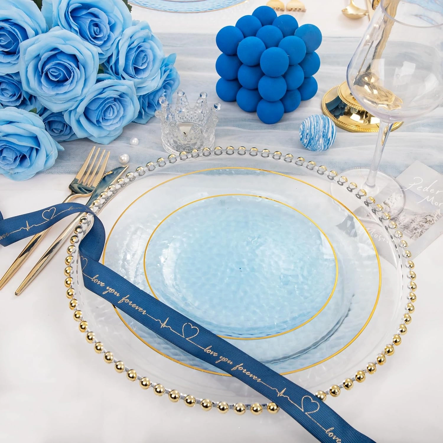 Clear Blue Gold Plastic Plates,Disposable Plates With Rim,Heavy-duty Plates,Hammered Party Plates Include 30Clear Dessert-Platos,30Dinner-Platos for Wedding, Party — view 9
