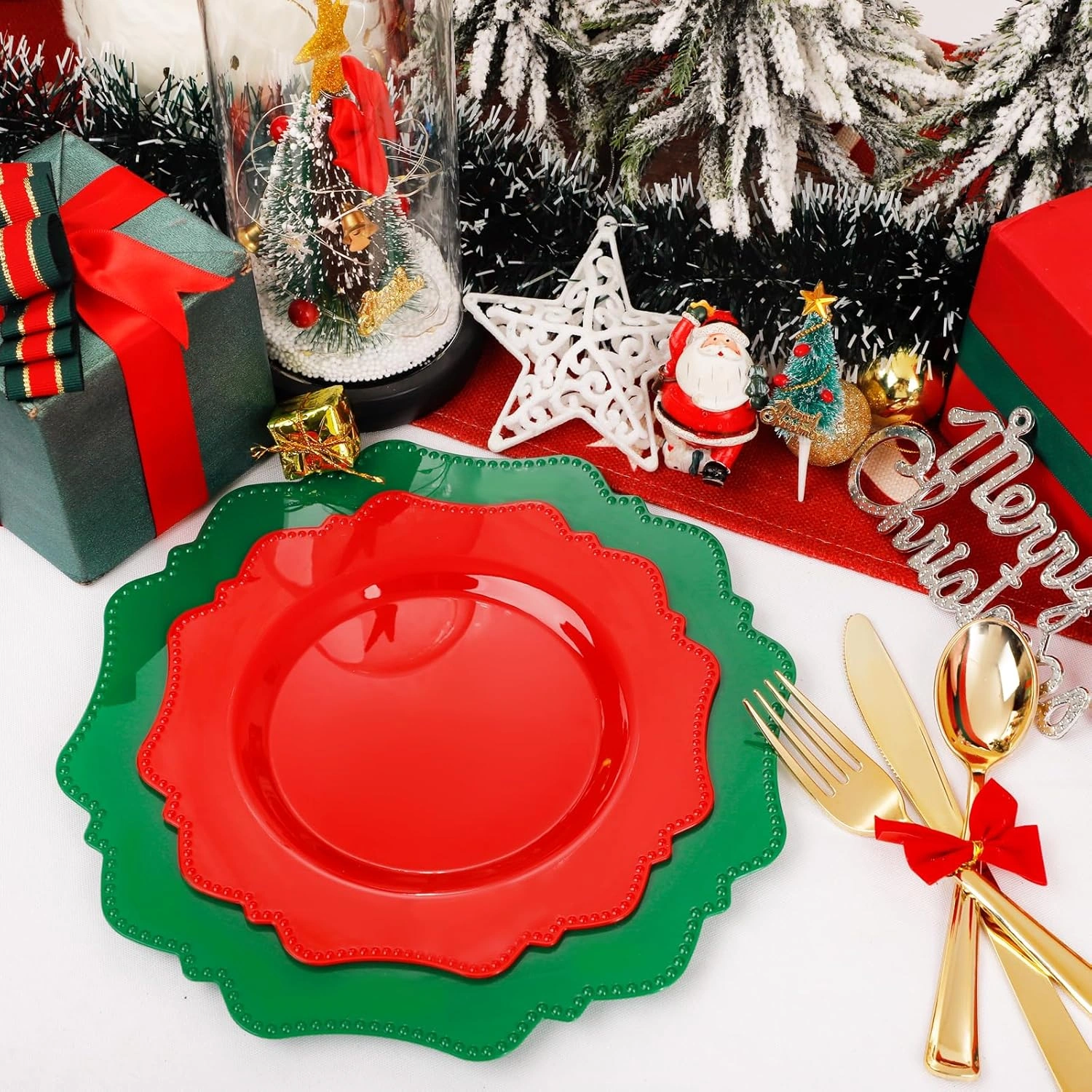 Red+Green Disposable Plastic Plates-Heavy duty plate for party/wedding/anniversary 30 dinner plates and 30 dessert/salad plates — view 11