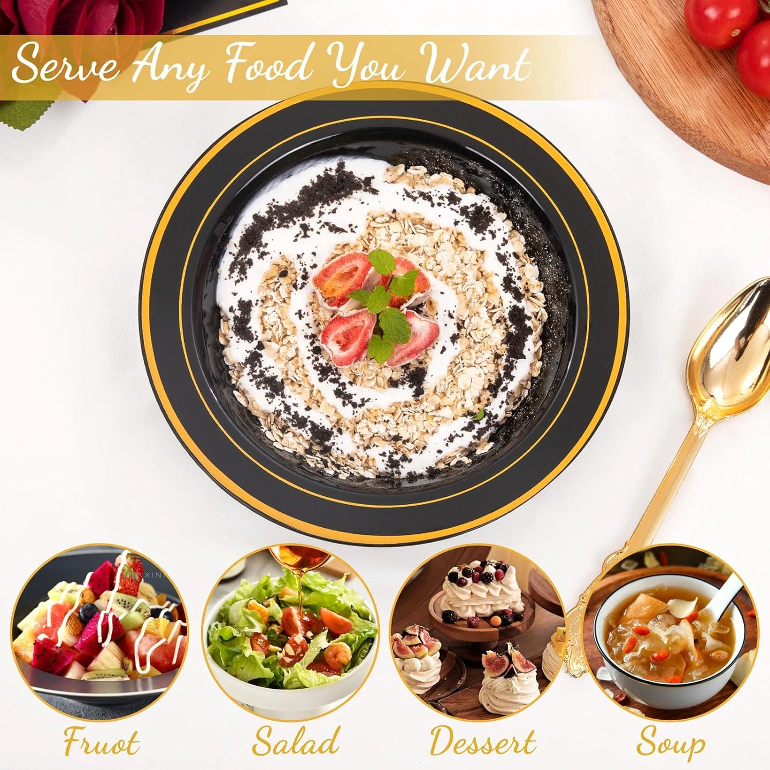 Black Plastic Bowls with Gold Rim — view 14