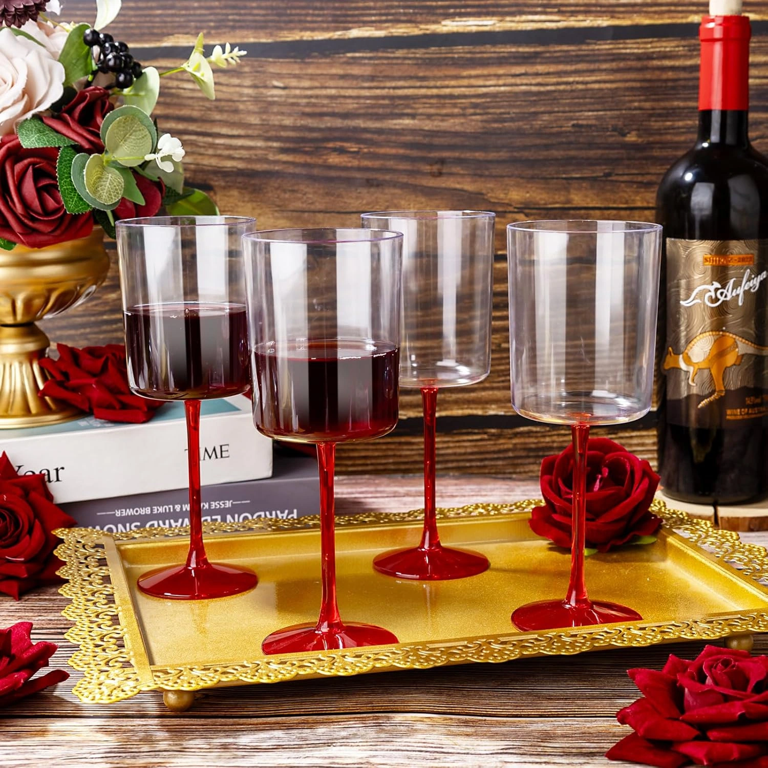 Clear Wine Glasses with Red Stem, Clear Design (10 oz, 12 Pack) — view 15