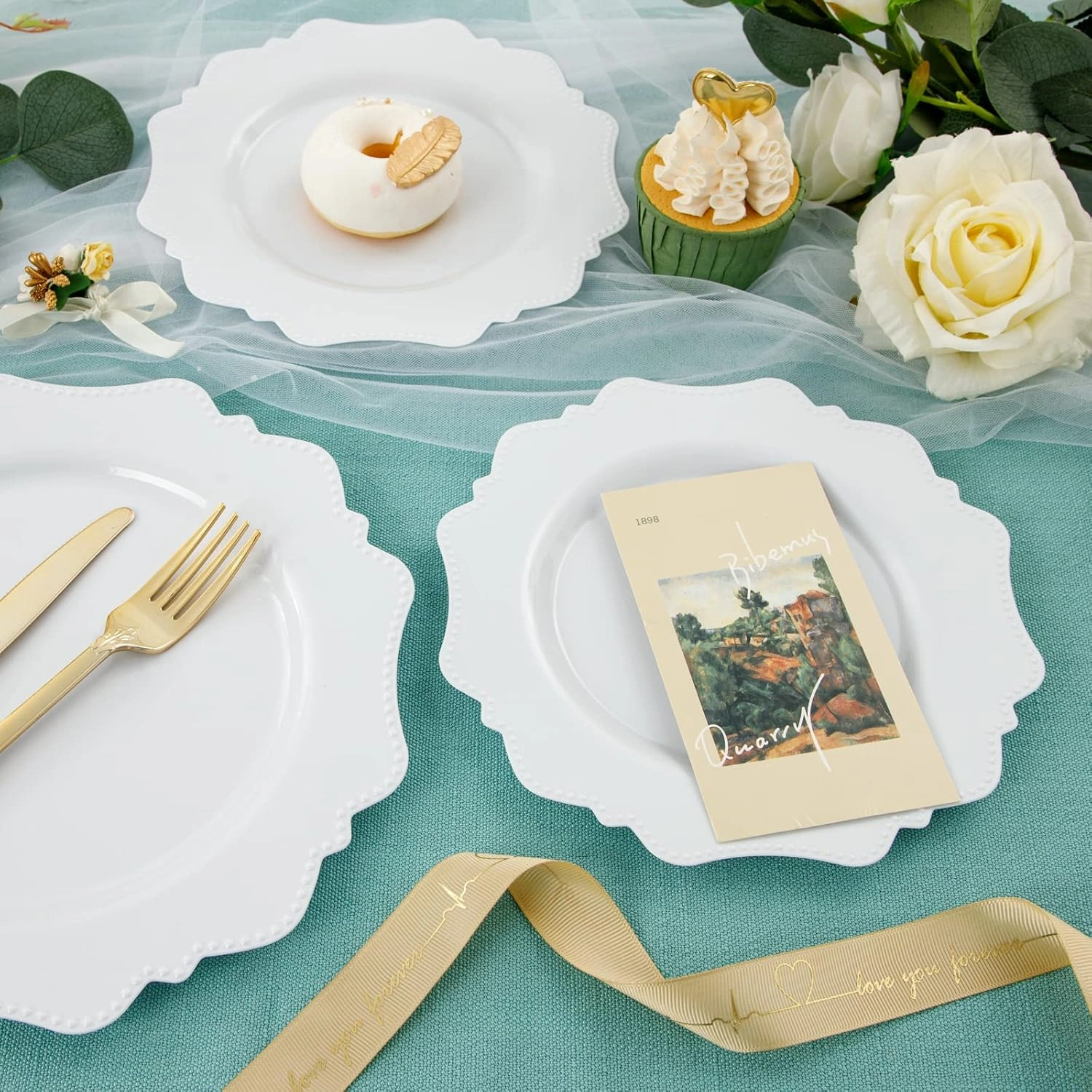 White Disposable Plastic Plates-Heavy duty plate for party/wedding/anniversary 30 dinner plates and 30 dessert/salad plates — view 14