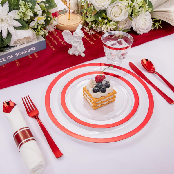 Clear Red Dark Plastic Plates, Disposable Plates for , Dinnerware Include 50 Dinner Plates 50 Dessert Plates, 50 Cups, 50 Pre Rolled Napkins with Cutlery Set for Party — view 13