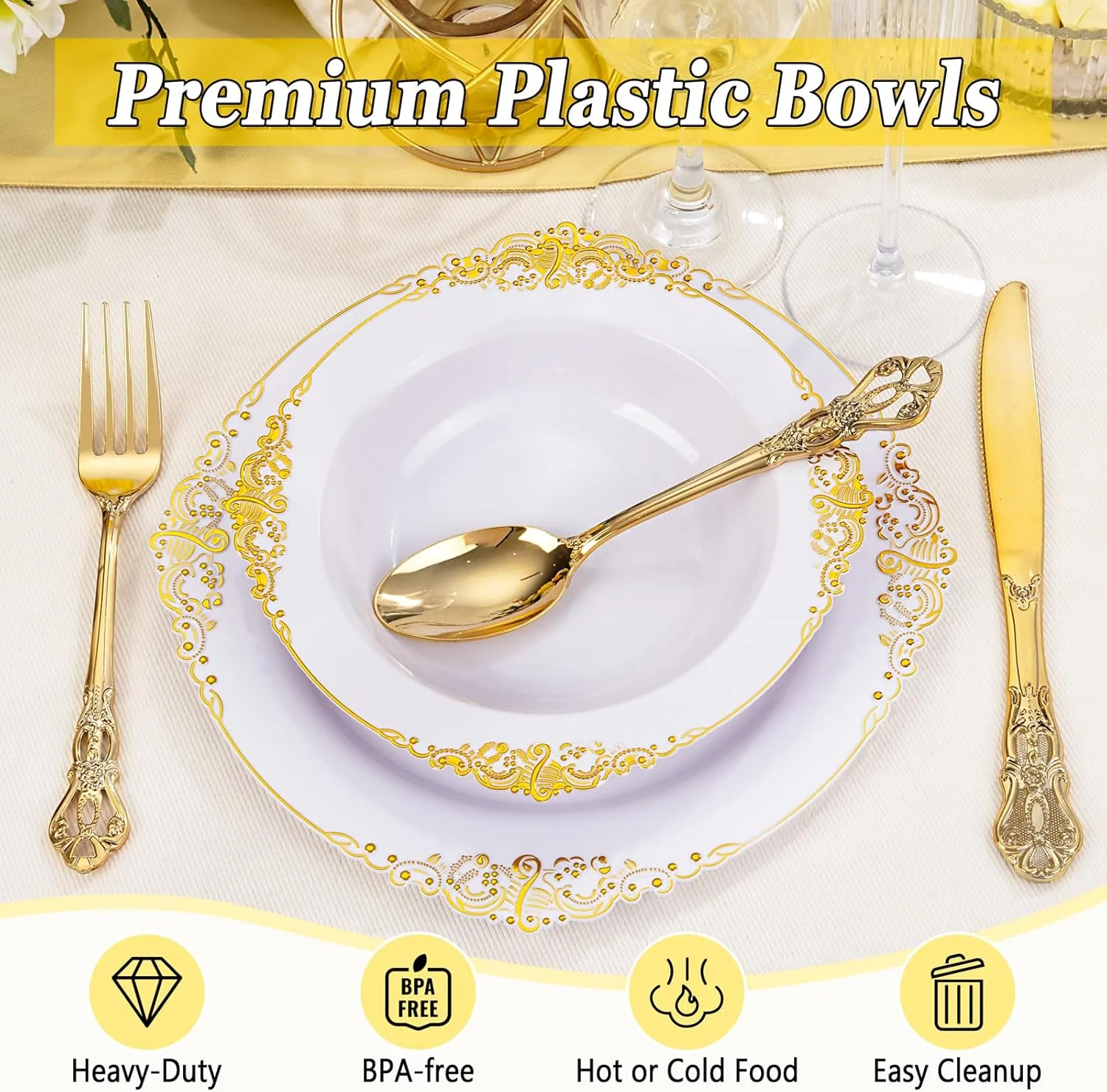 Gold Plastic Bowls- 12 oz White Disposable Salad Bowls — view 14