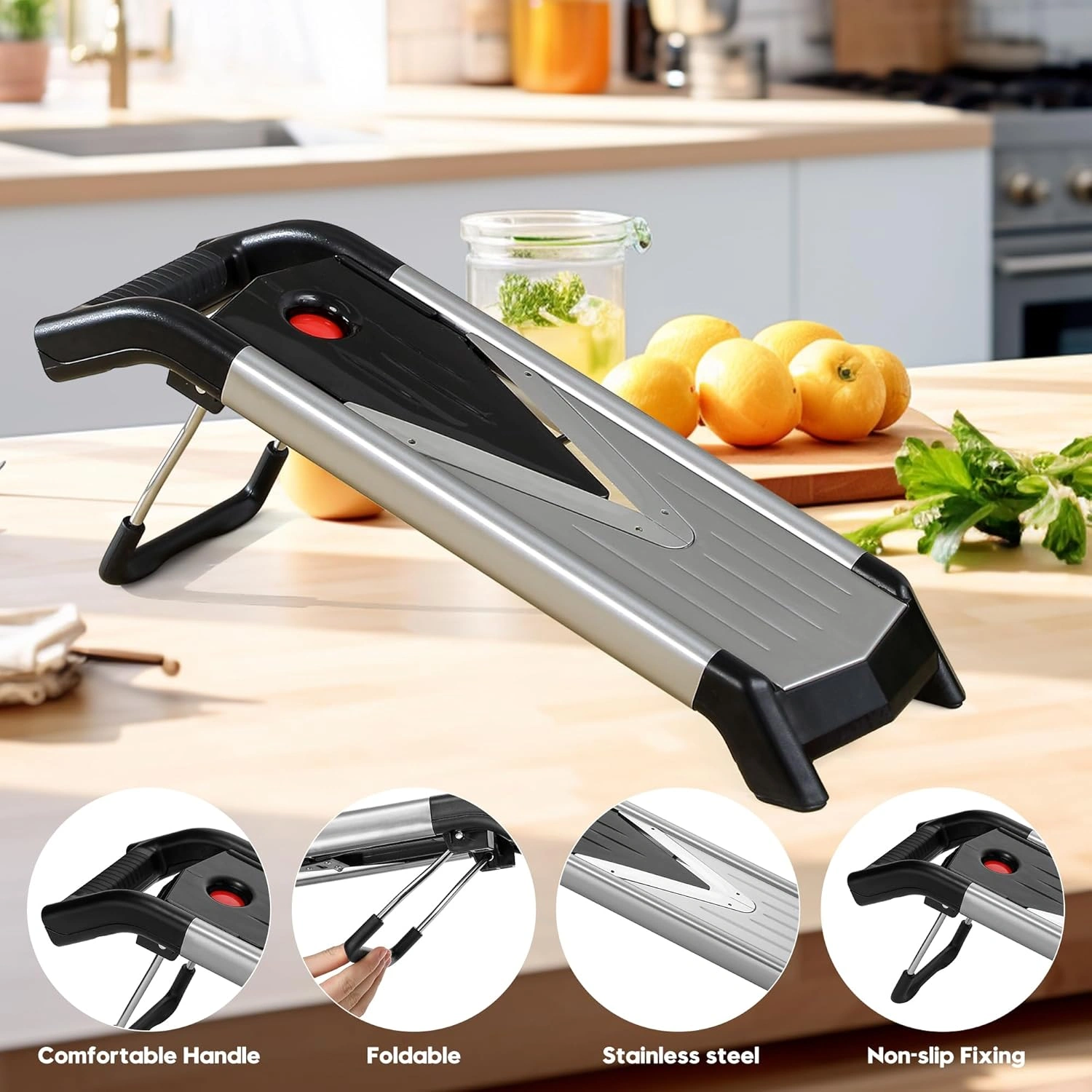 Silver Adjustable Mandoline Food Slicer for Kitchen-Mandolin,Potato,Tomato,Carrot,Vegetable,Fruit and Onion Cutter-Adjustable Stainless Steel-Include 1 Pair Cut-Resistant Gloves — view 12