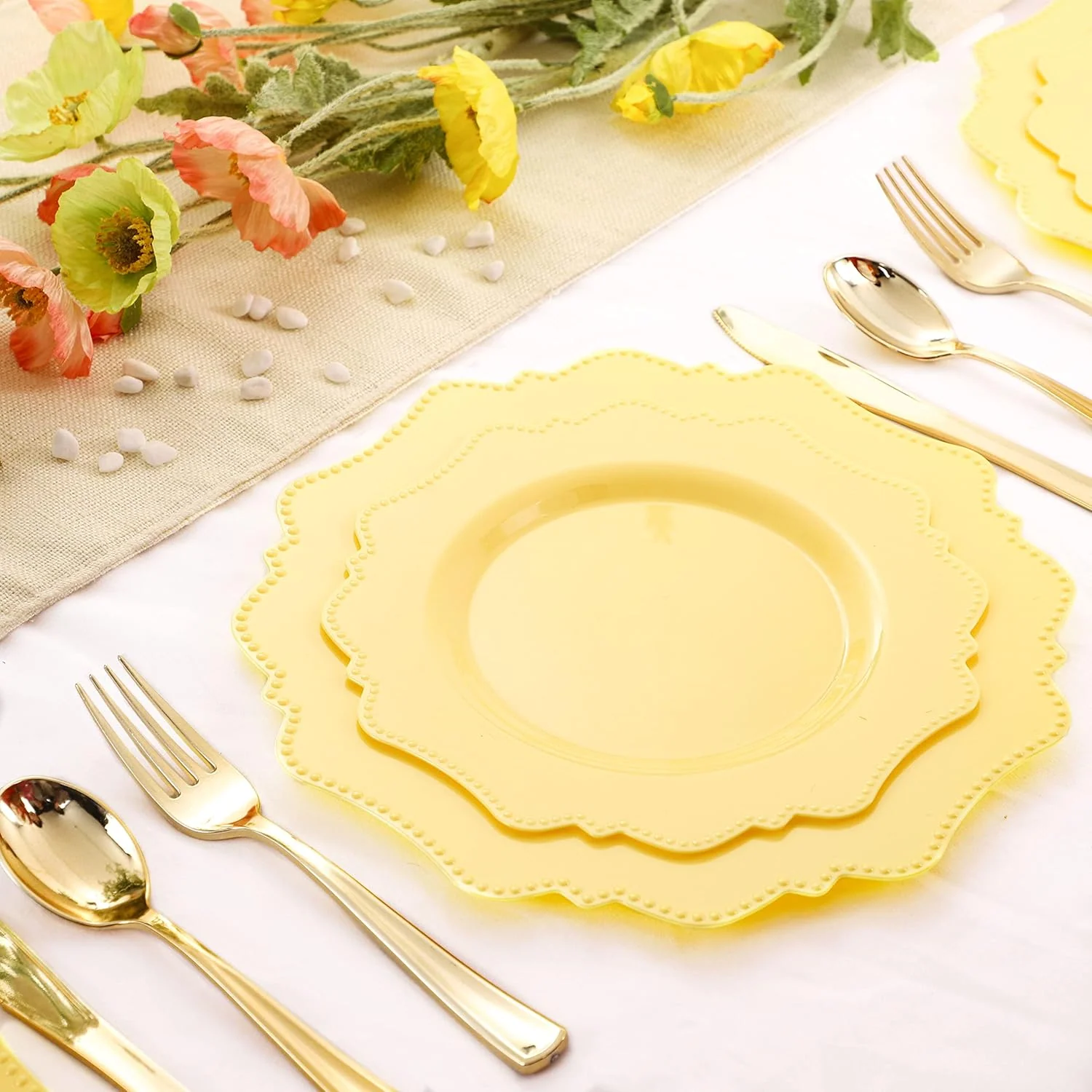Yellow Disposable Plastic Plates-Heavy duty plate for party/wedding/anniversary 30 dinner plates and 30 dessert/salad plates — view 9