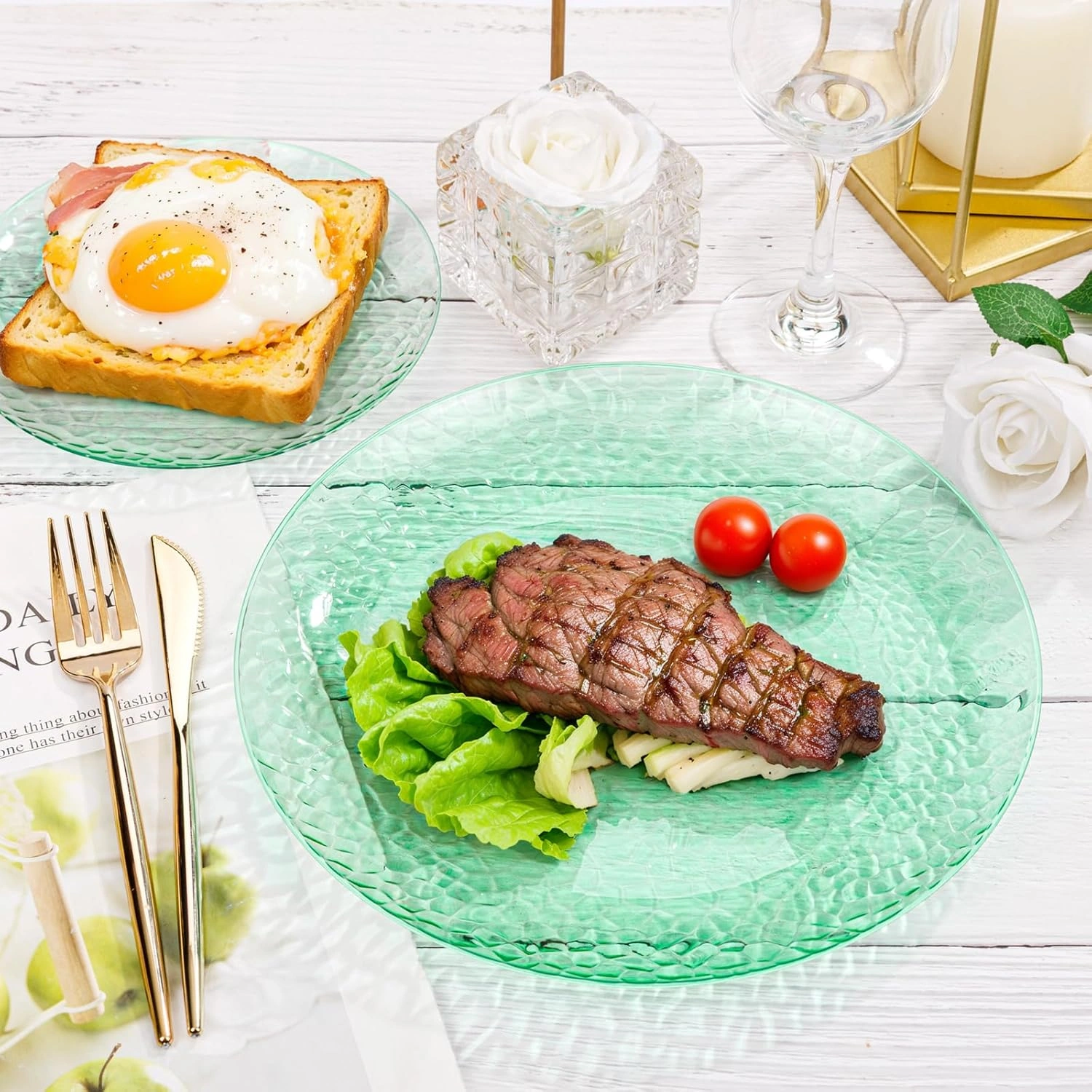 Clear Green Plastic Plates,Disposable Plates With Rim,Heavy-duty Plates,Hammered Party Plates Include 30Clear Dessert-Platos,30Dinner-Platos for Wedding, Party (100 Pieces) — view 10