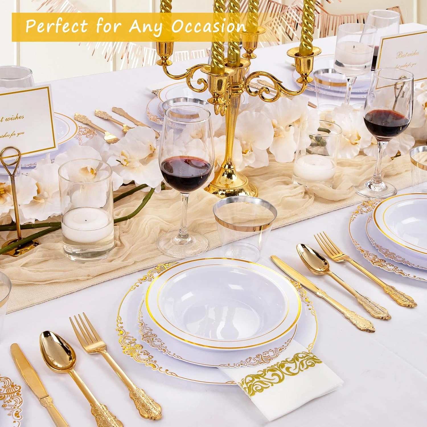 White Plastic Bowls with Gold Rim — view 12