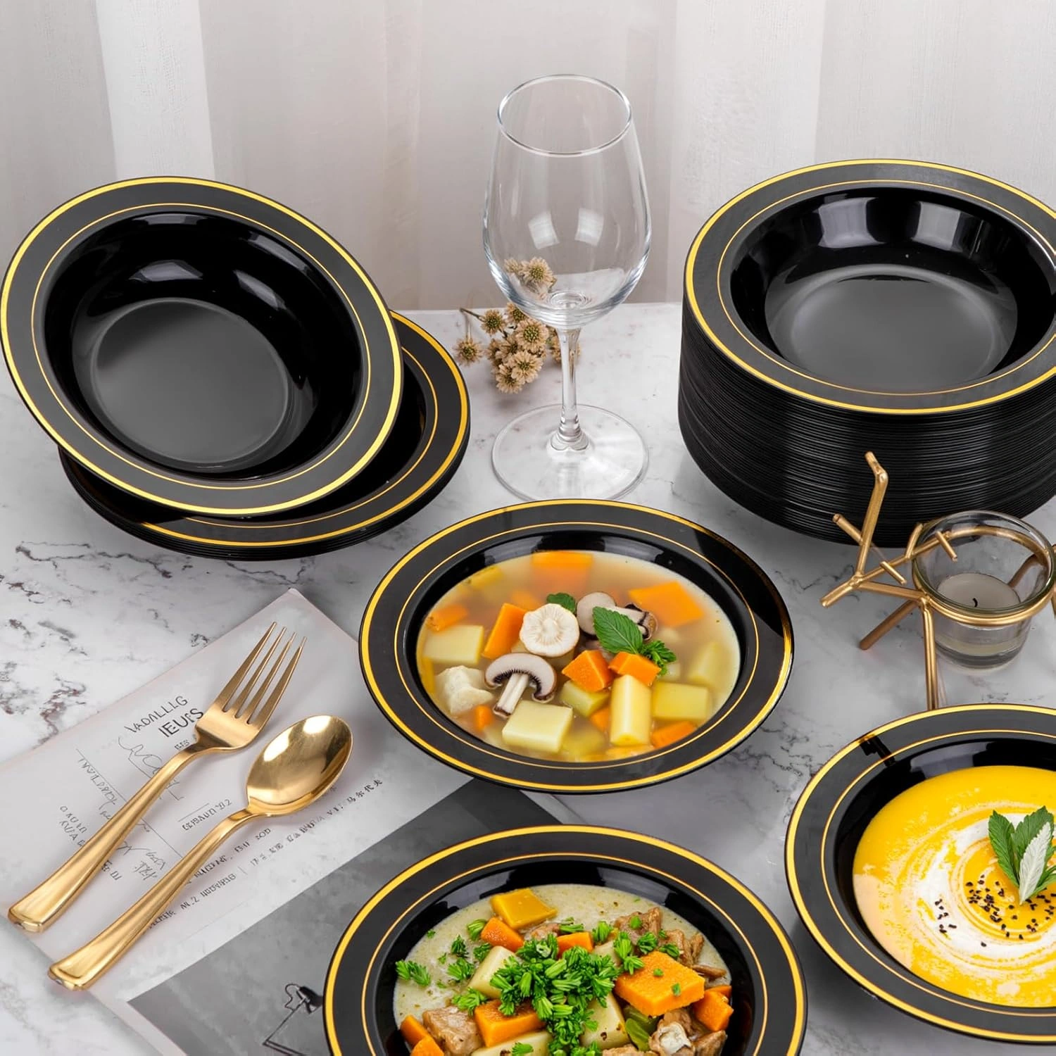 Black And Gold 10oz Plastic Bowls-Disposable Plastic Bowls- Premium Heavy Duty Salsa Bowls for Wedding &Parties — view 14