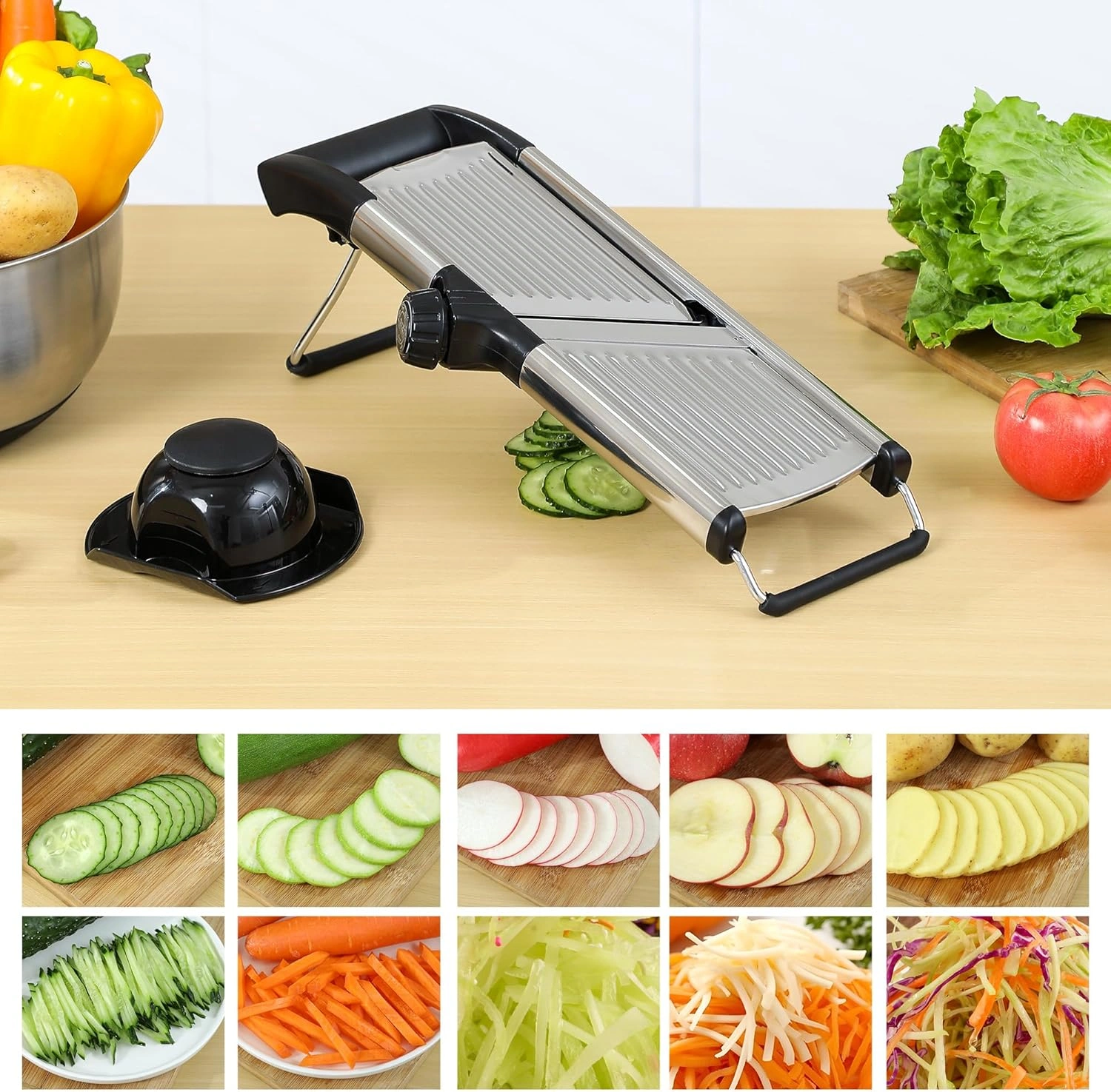 Black Adjustable Mandoline Food Slicer for Kitchen-Mandolin,Potato,Tomato,Carrot,Vegetable,Fruit and Onion Cutter-Adjustable Stainless Steel-Include 1 Pair Cut-Resistant Gloves — view 12