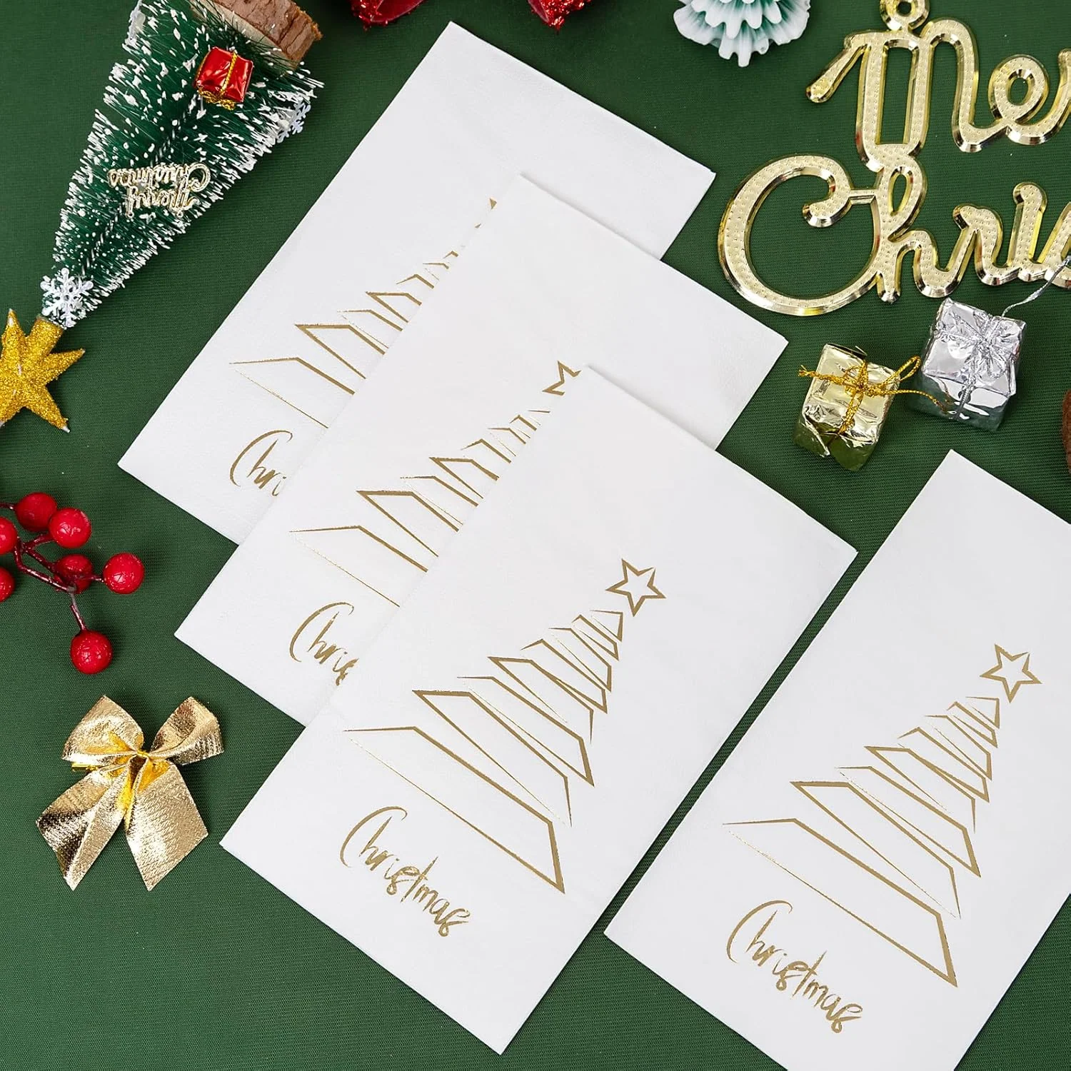 Gold Christmas Tree Print Napkins (100 Pieces) — view 11