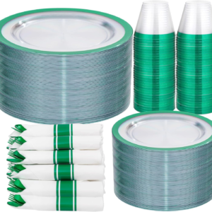 Clear Green Dark Plastic Plates, Disposable Plates for , Dinnerware Include 50 Dinner Plates 50 Dessert Plates, 50 Cups, 50 Pre Rolled Napkins with Cutlery Set for Party — view 11