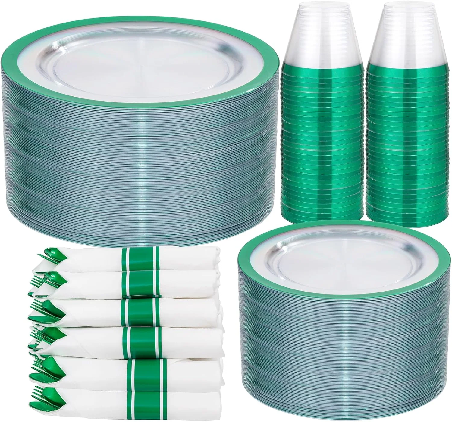 Clear Green Dark Plastic Plates, Disposable Plates for , Dinnerware Include 50 Dinner Plates 50 Dessert Plates, 50 Cups, 50 Pre Rolled Napkins with Cutlery Set for Party — view 11