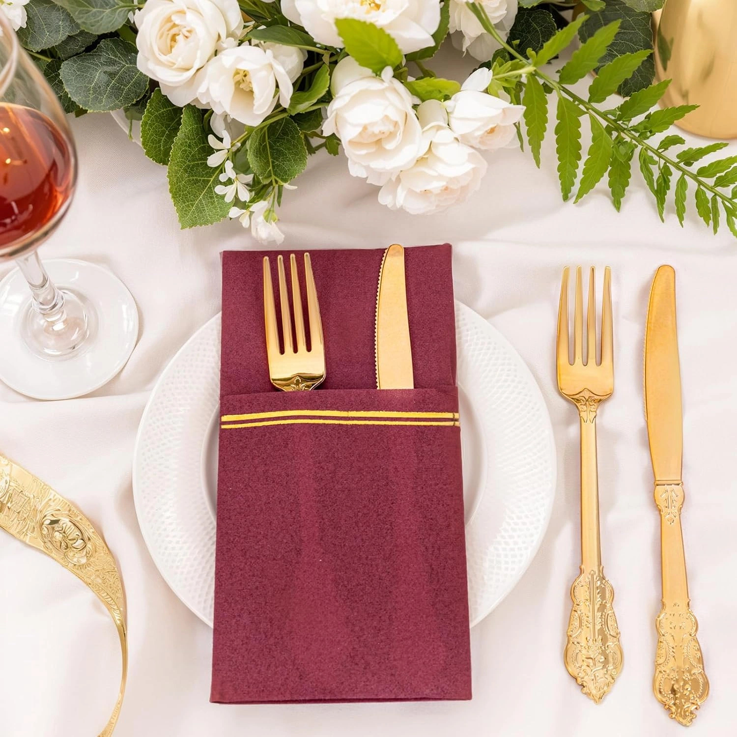 Burgundy Red Paper Napkins with Built-in Flatware Pocket — view 15