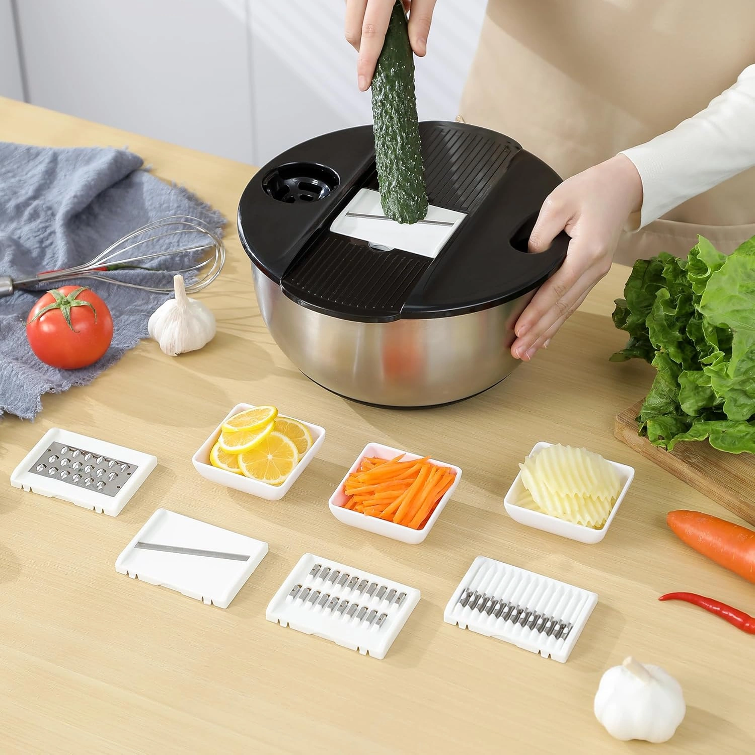 Luxury Black Salad Spinner Stainless Steel Large,Vegetable Washer with 5.3 Qt Bowl,Salad Chopper Bowl,Nesting Bowls with Graters,Large Mixing Bowl Bowls for Kitchen With 5 Grater — view 12