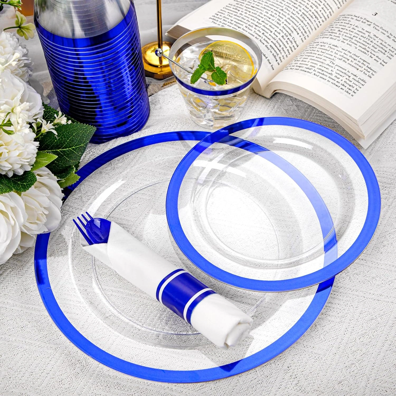 Clear Blue Dark Plastic Plates, Disposable Plates for , Dinnerware Include 50 Dinner Plates 50 Dessert Plates, 50 Cups, 50 Pre Rolled Napkins with Cutlery Set for Party — view 12