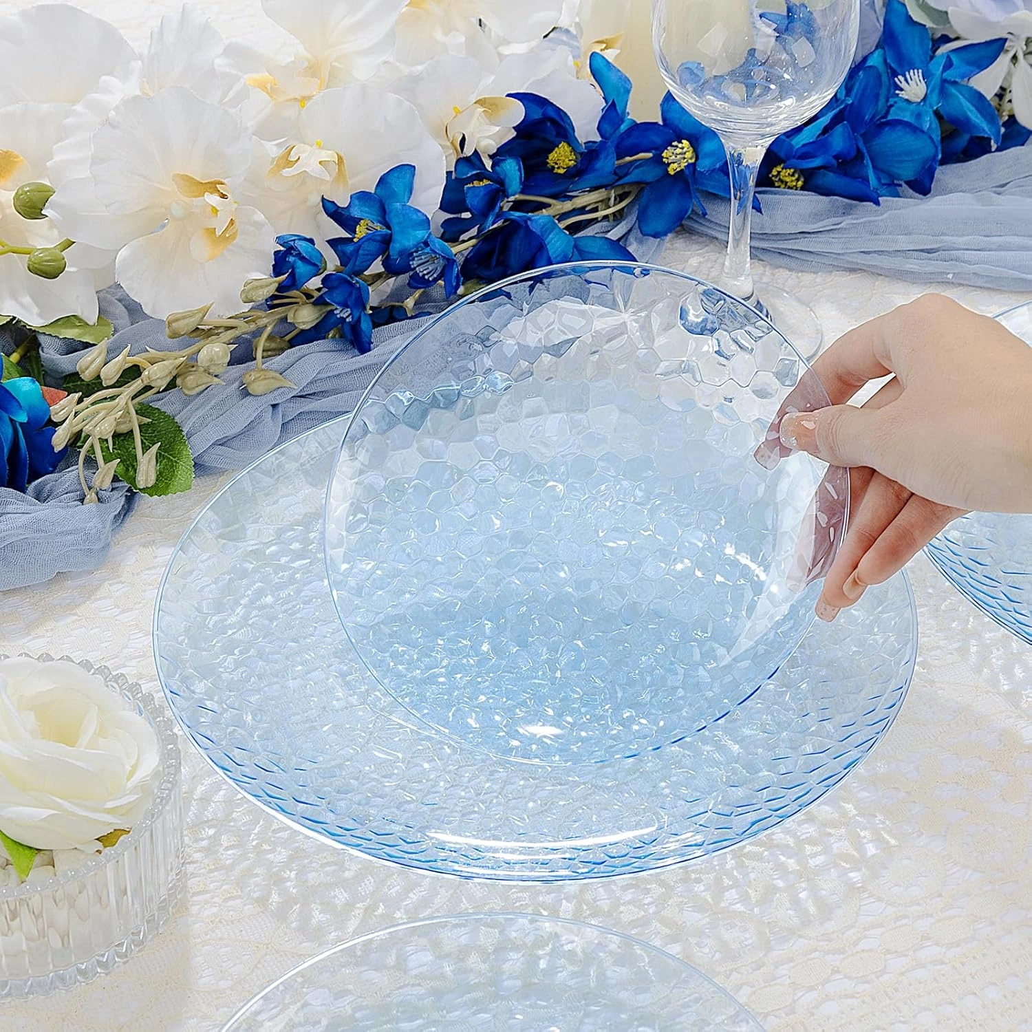 Clear Blue Plastic Plates,Disposable Plates With Rim,Heavy-duty Plates,Hammered Party Plates Include 30Clear Dessert-Platos,30Dinner-Platos for Wedding, Party (100 Pieces) — view 13