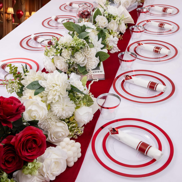 Clear Red Dark Plastic Plates, Disposable Plates for , Dinnerware Include 50 Dinner Plates 50 Dessert Plates, 50 Cups, 50 Pre Rolled Napkins with Cutlery Set for Party — view 15
