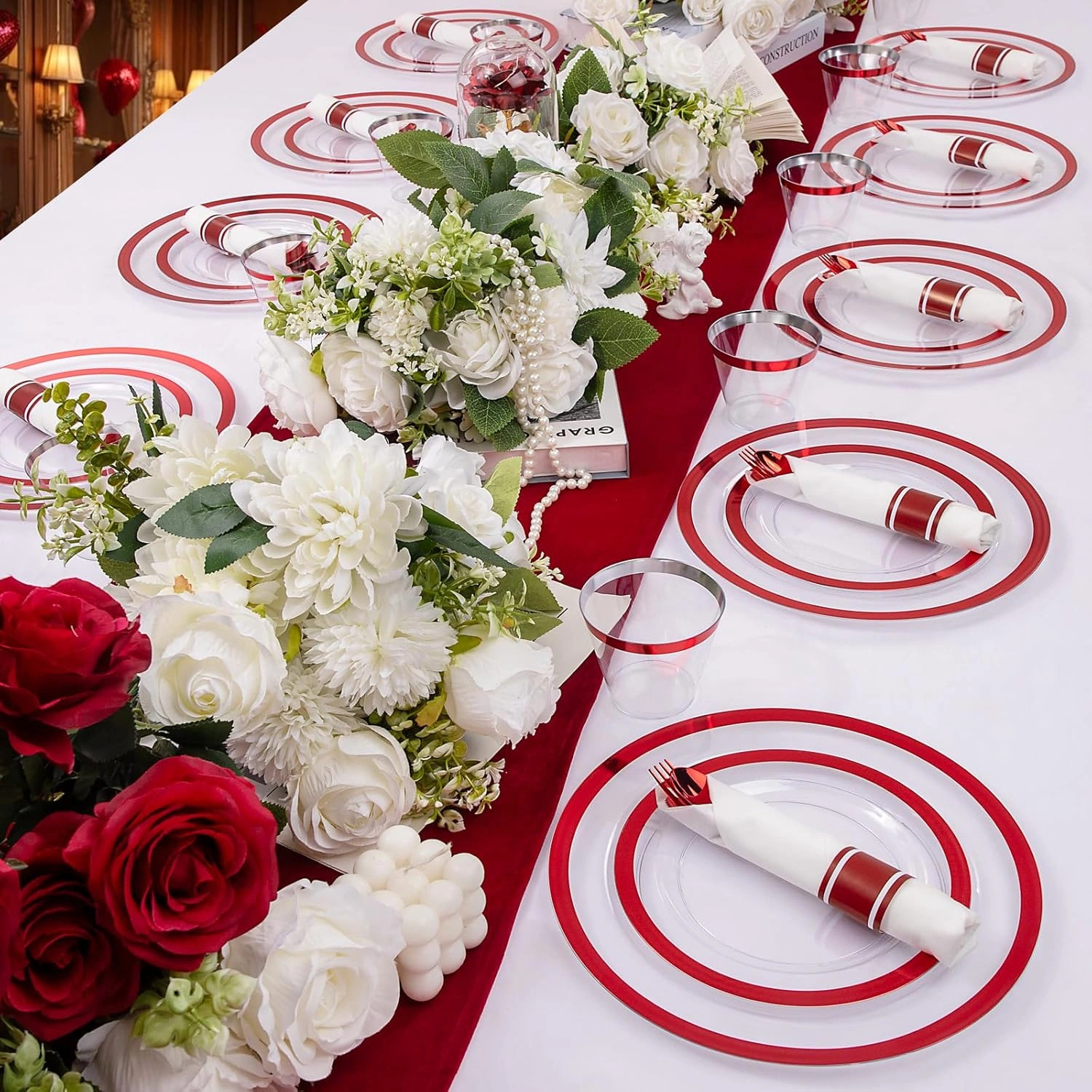 Clear Red Dark Plastic Plates, Disposable Plates for , Dinnerware Include 50 Dinner Plates 50 Dessert Plates, 50 Cups, 50 Pre Rolled Napkins with Cutlery Set for Party — view 15