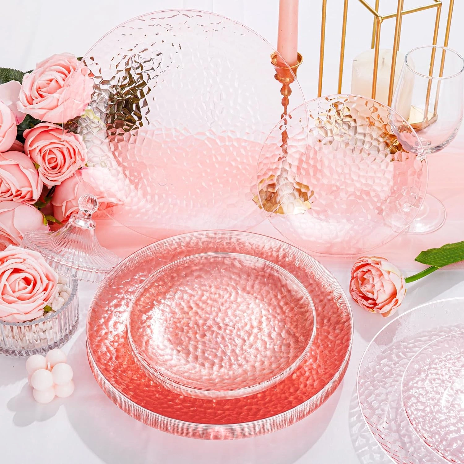 Clear Pink Plastic Plates,Disposable Plates With Rim,Heavy-duty Plates,Hammered Party Plates Include 30Clear Dessert-Platos,30Dinner-Platos for Wedding, Party (100 Pieces) — view 13