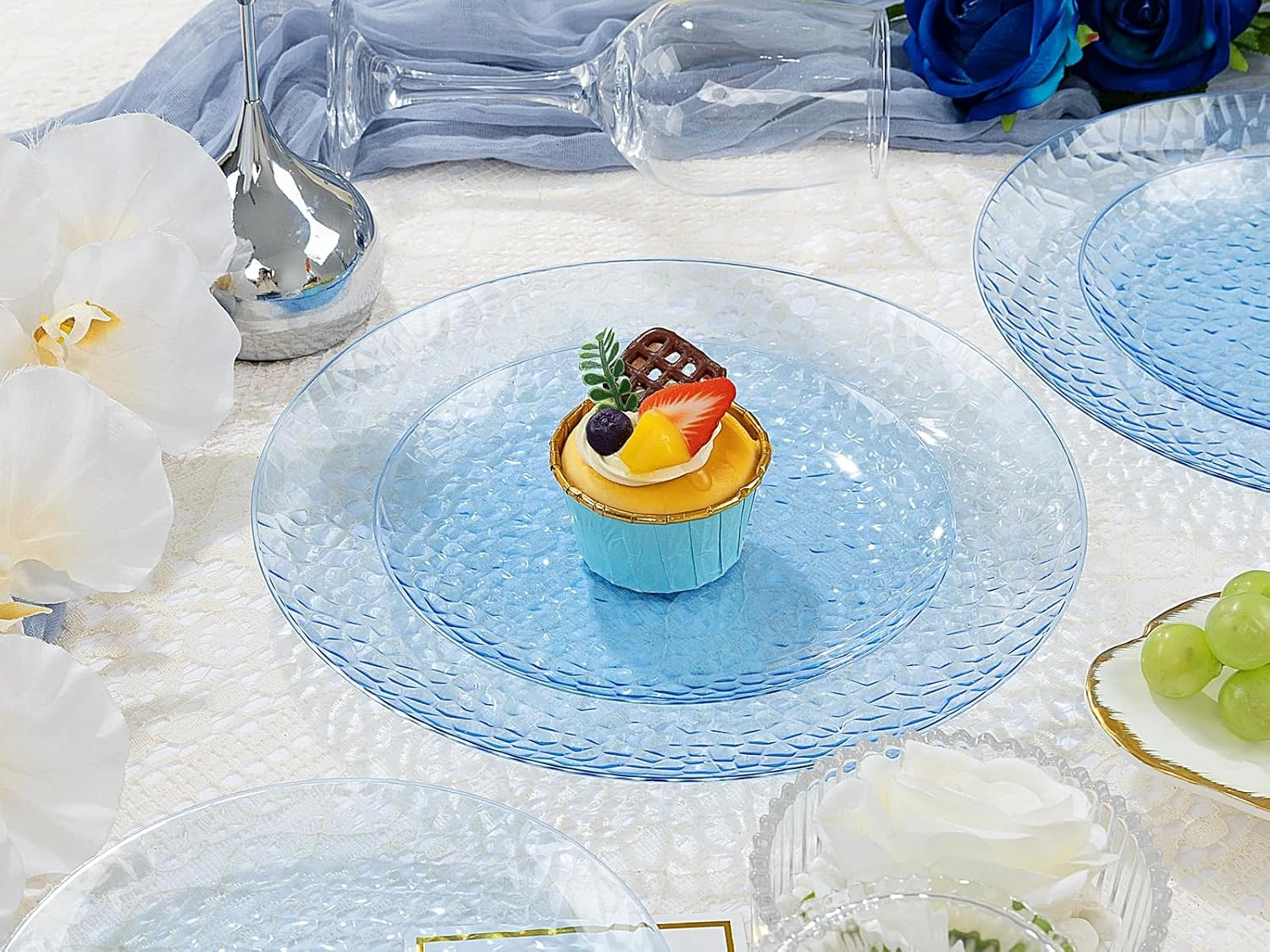Clear Blue Plastic Plates,Disposable Plates With Rim,Heavy-duty Plates,Hammered Party Plates Include 30Clear Dessert-Platos,30Dinner-Platos for Wedding, Party (100 Pieces) — view 14