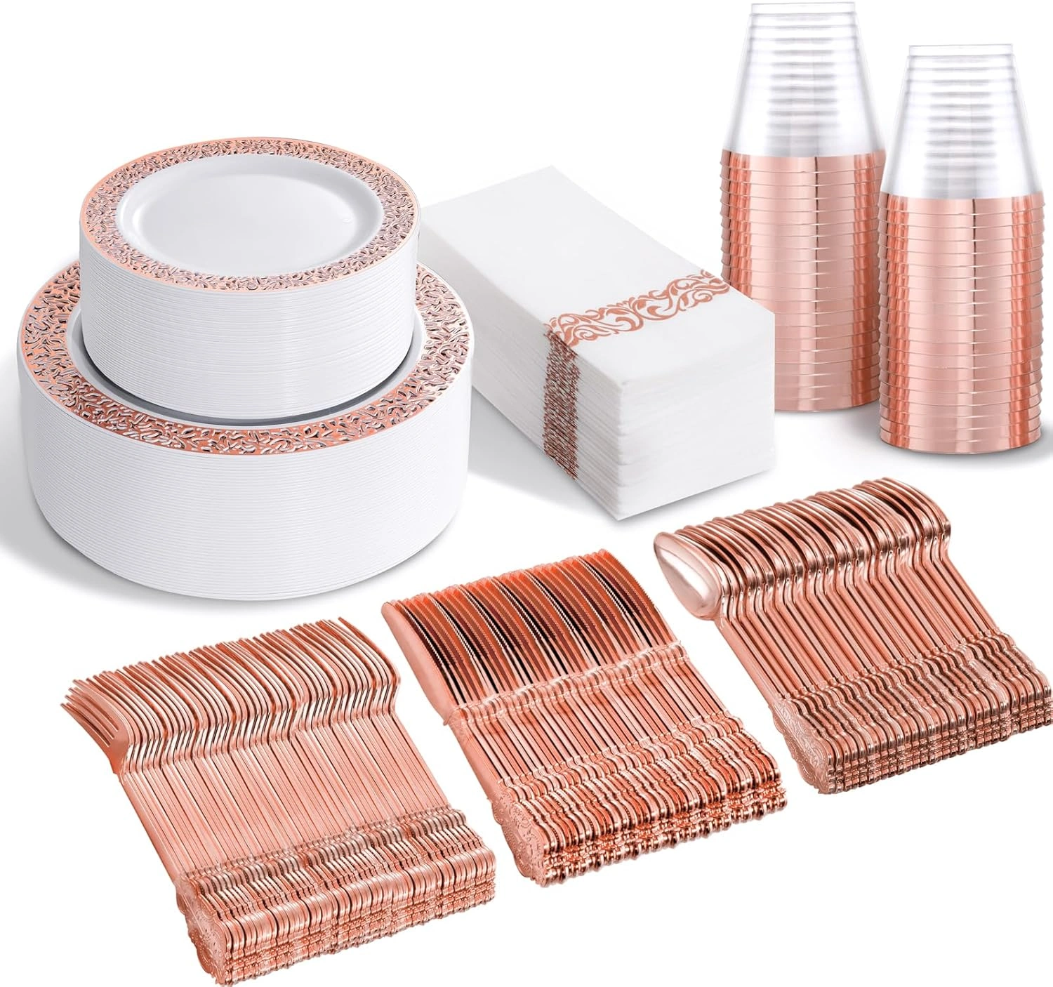 Rose Gold Lace Design Deluxe Disposable Dinnerware Set with Napkins — view 9
