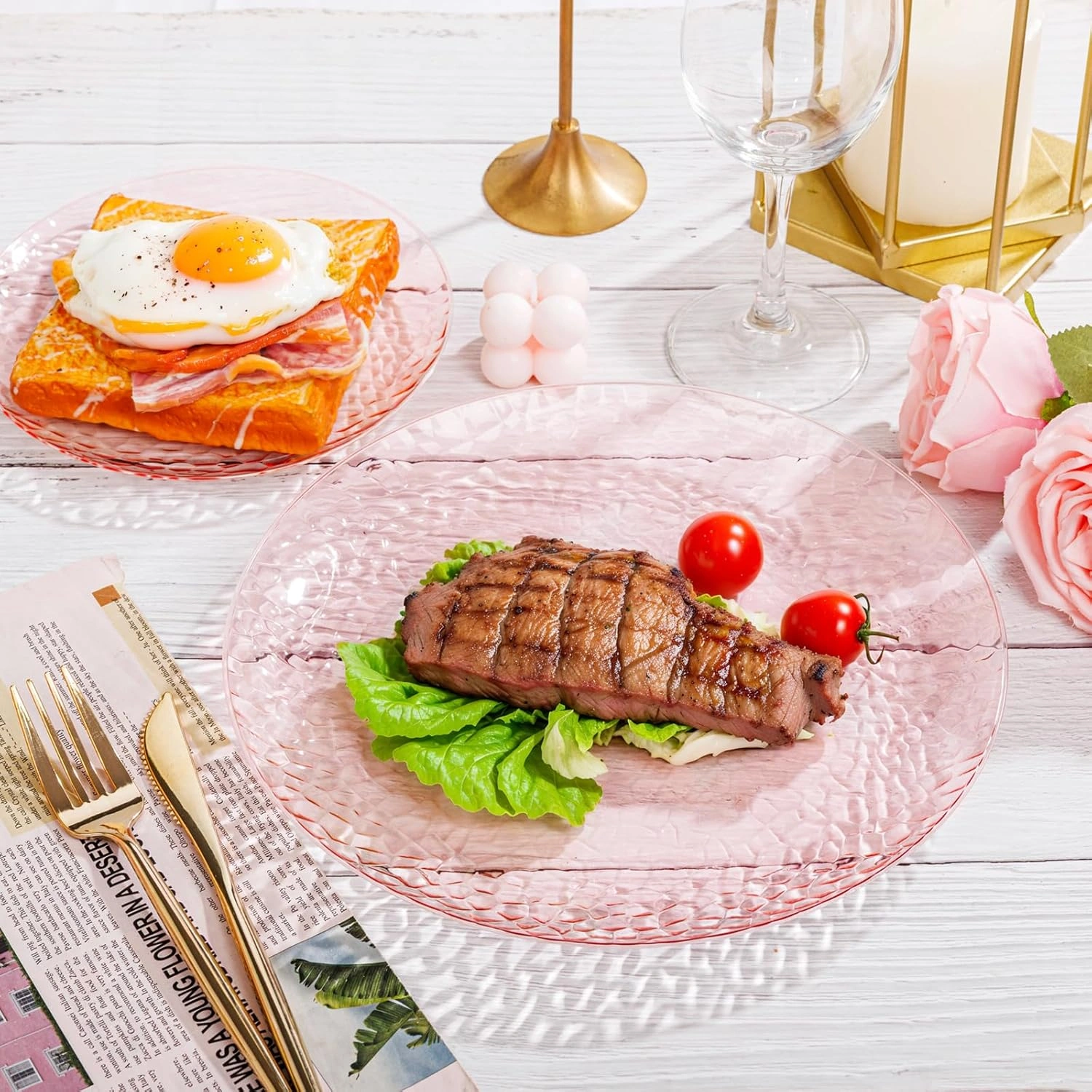 Clear Pink Plastic Plates,Disposable Plates With Rim,Heavy-duty Plates,Hammered Party Plates Include 30Clear Dessert-Platos,30Dinner-Platos for Wedding, Party (100 Pieces) — view 10