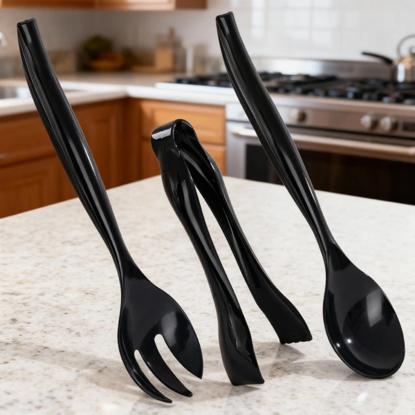 Black Serving Utensils,Plastic Serving Utensils,Disposable Serving Utensils Set Include 9.75"Serving Spoons 9.75"Serving Forks 6.3"Plastic Serving Tongs for — view 8