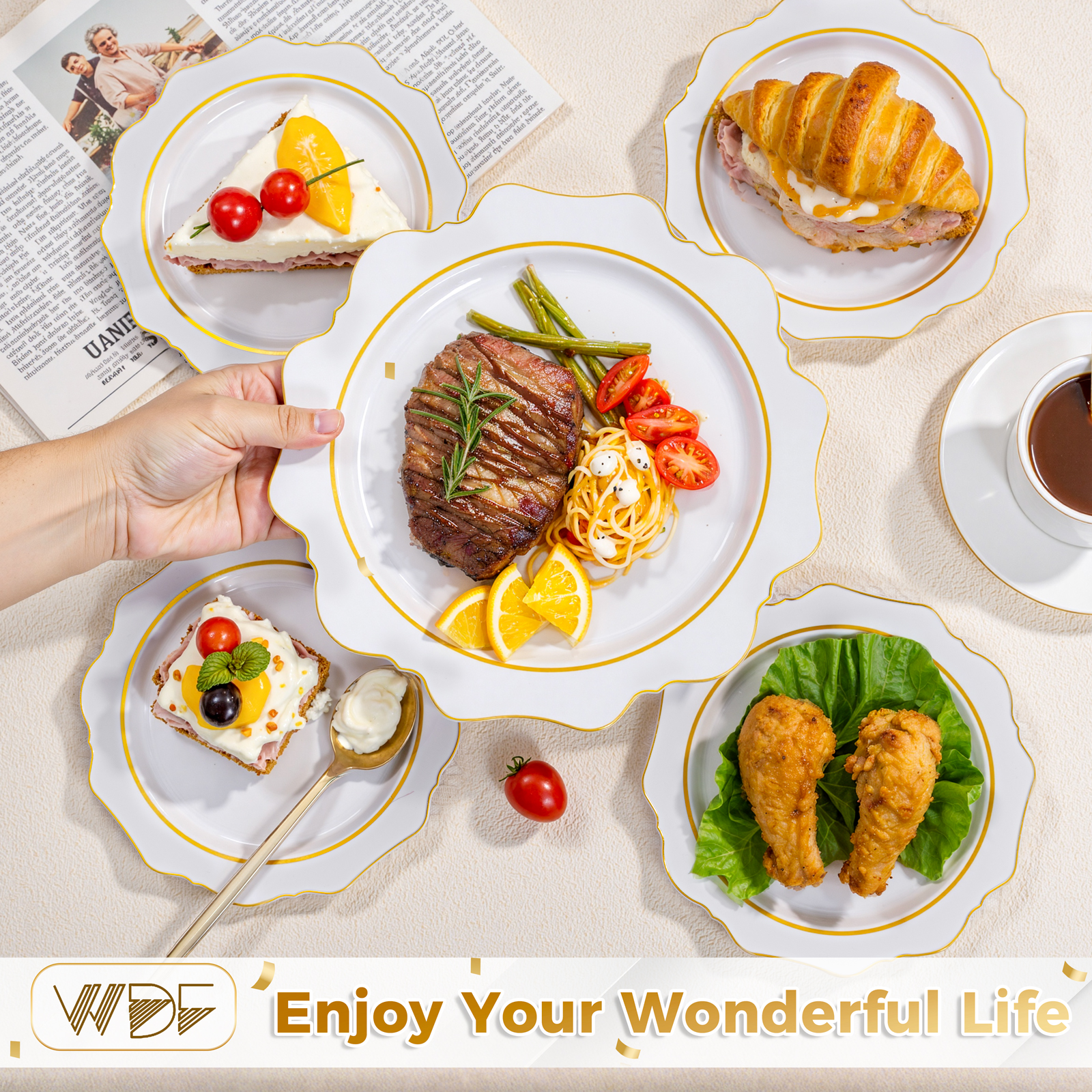 White And Gold Plastic Plates with Rim (100 Pieces) — view 16