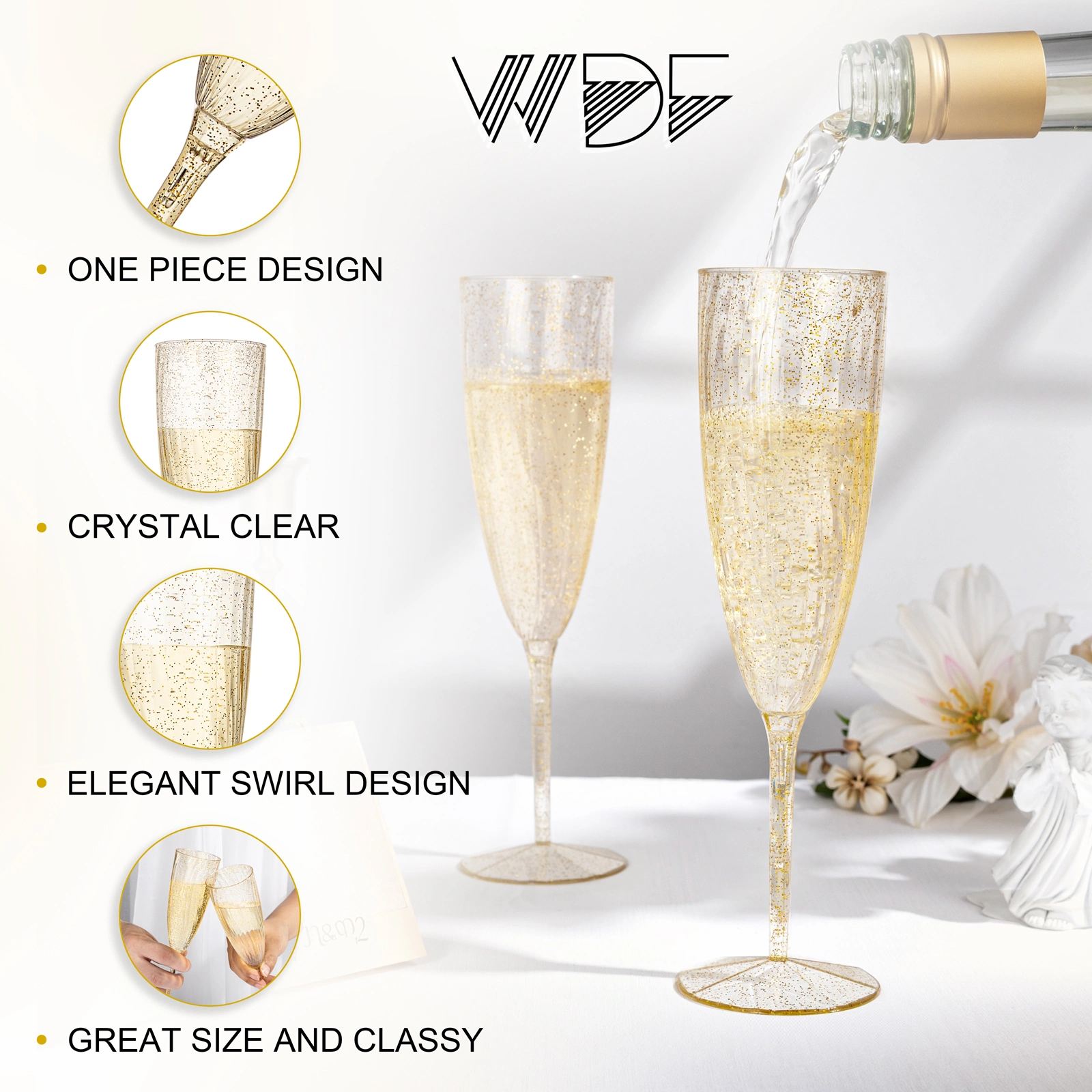 Gold Glitter 6OZ Disposable Champagne Flutes Plastic (36 Pieces) — view 13