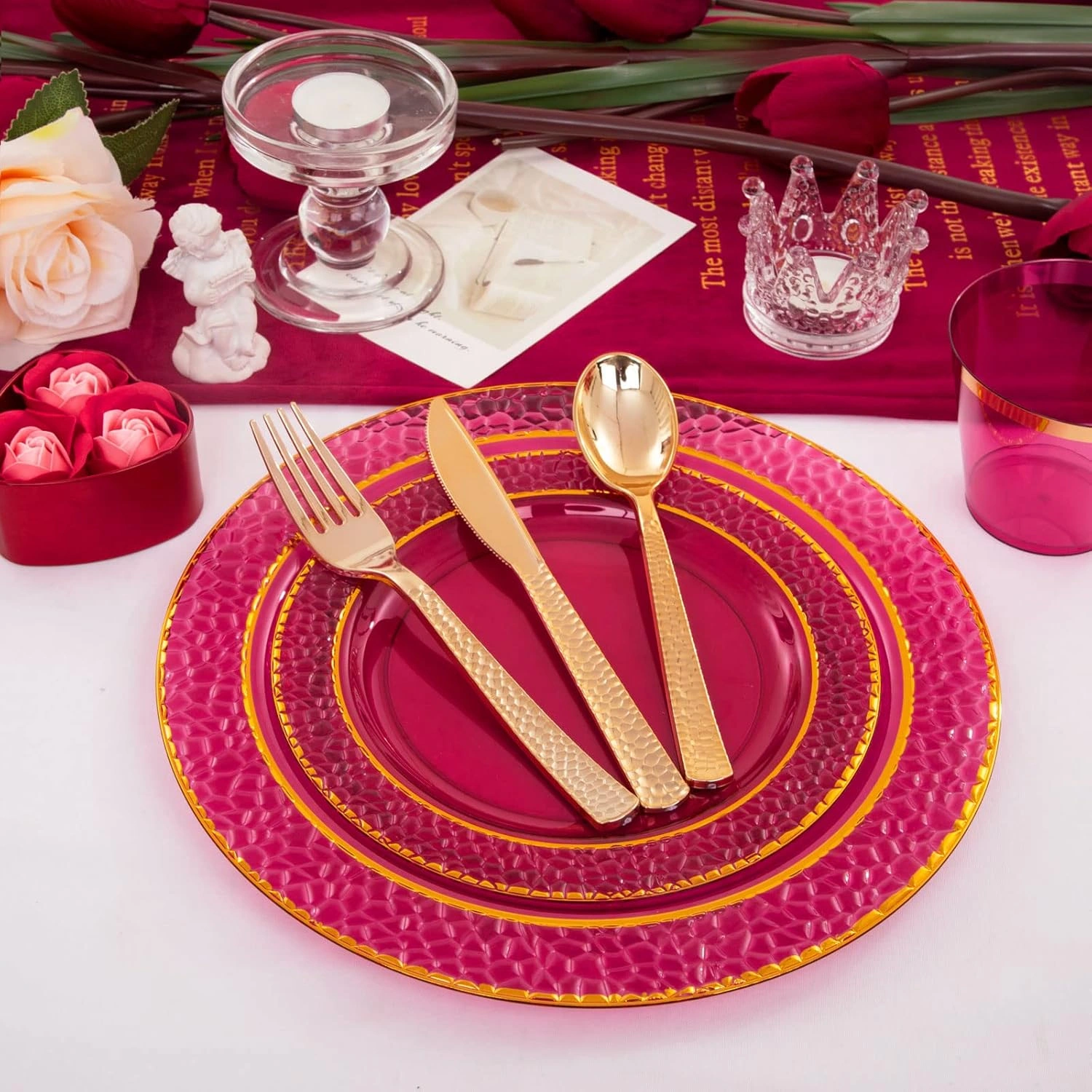 Red & Gold Clear Plates & Silverware Set (150 Pieces) — view 10