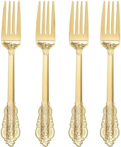 WDF 120PCS Gold Plastic Silverware - Heavy Duty Gold Plastic Cutlery Set Gold Disposable Utensils - 40 Gold Forks, 40 Gold Spoons, 40 Gold Knives, Perfect for Party/Weeding and Daily Use