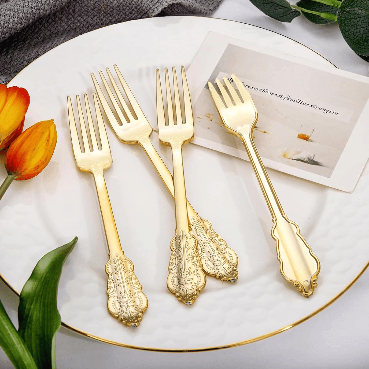 WDF 120PCS Gold Plastic Silverware - Heavy Duty Gold Plastic Cutlery Set Gold Disposable Utensils - 40 Gold Forks, 40 Gold Spoons, 40 Gold Knives, Perfect for Party/Weeding and Daily Use