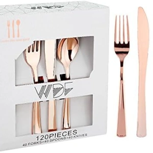 WDF 120PCS Gold Plastic Silverware - Heavy Duty Gold Plastic Cutlery Set Gold Disposable Utensils - 40 Gold Forks, 40 Gold Spoons, 40 Gold Knives, Perfect for Party/Weeding and Daily Use