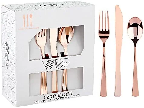 WDF 120PCS Gold Plastic Silverware - Heavy Duty Gold Plastic Cutlery Set Gold Disposable Utensils - 40 Gold Forks, 40 Gold Spoons, 40 Gold Knives, Perfect for Party/Weeding and Daily Use