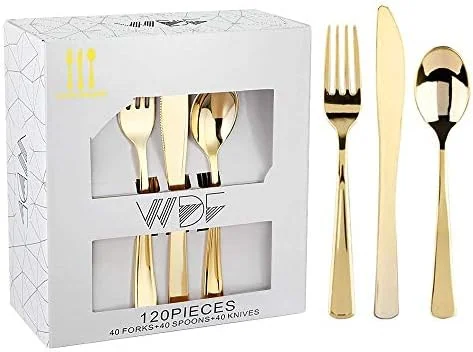 WDF 120PCS Gold Plastic Silverware - Heavy Duty Gold Plastic Cutlery Set Gold Disposable Utensils - 40 Gold Forks, 40 Gold Spoons, 40 Gold Knives, Perfect for Party/Weeding and Daily Use
